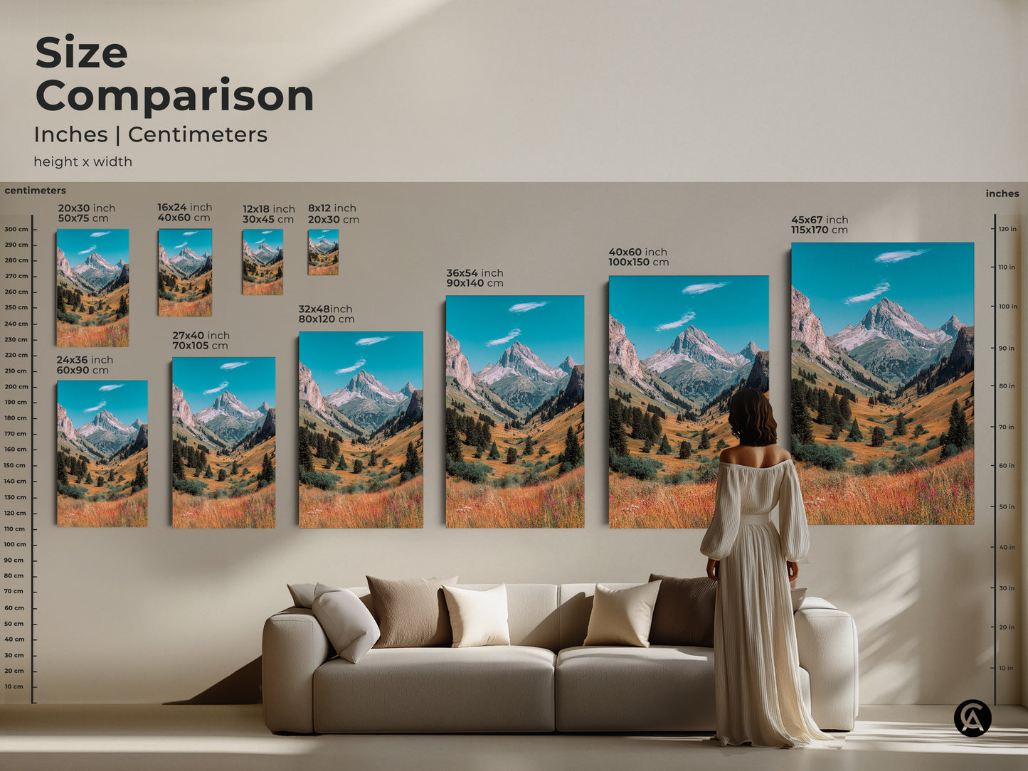 Size comparison of mountain valley art prints. See how different sizes fit in your space. Options include canvas and poster prints. Find the ideal artwork size to transform your home decor.