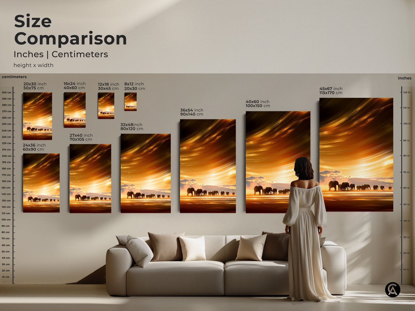 Size comparison of savanna sunset elephant prints. Various sizes shown 16x24 to 45x67 inches. See how canvas art fits above a couch and complements your living room decor. Explore framed art options for your home.