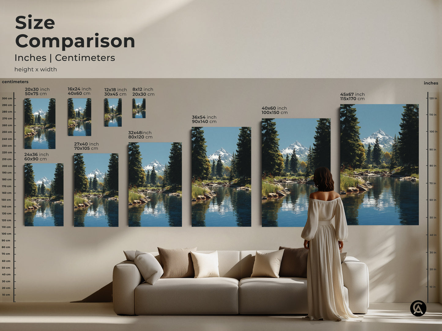Size comparison of mountain river landscape art prints in inches and centimeters. See how different sizes fit above a sofa creating a stunning natural landscape home decor. Perfect for adding a touch of natural grandeur to any living space.