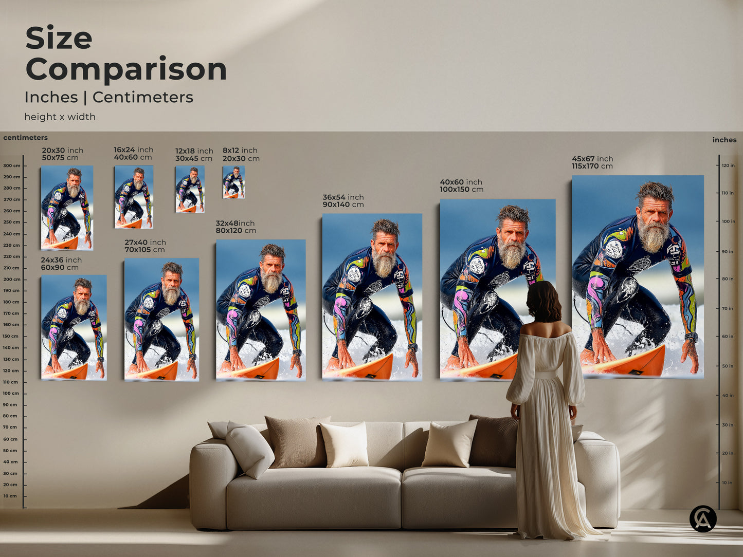 A size comparison of the surfer art print is shown. Inches and centimeters are displayed for the height and width. Vintage surfer wall artwork in an eclectic style is available for your space. Great gift.