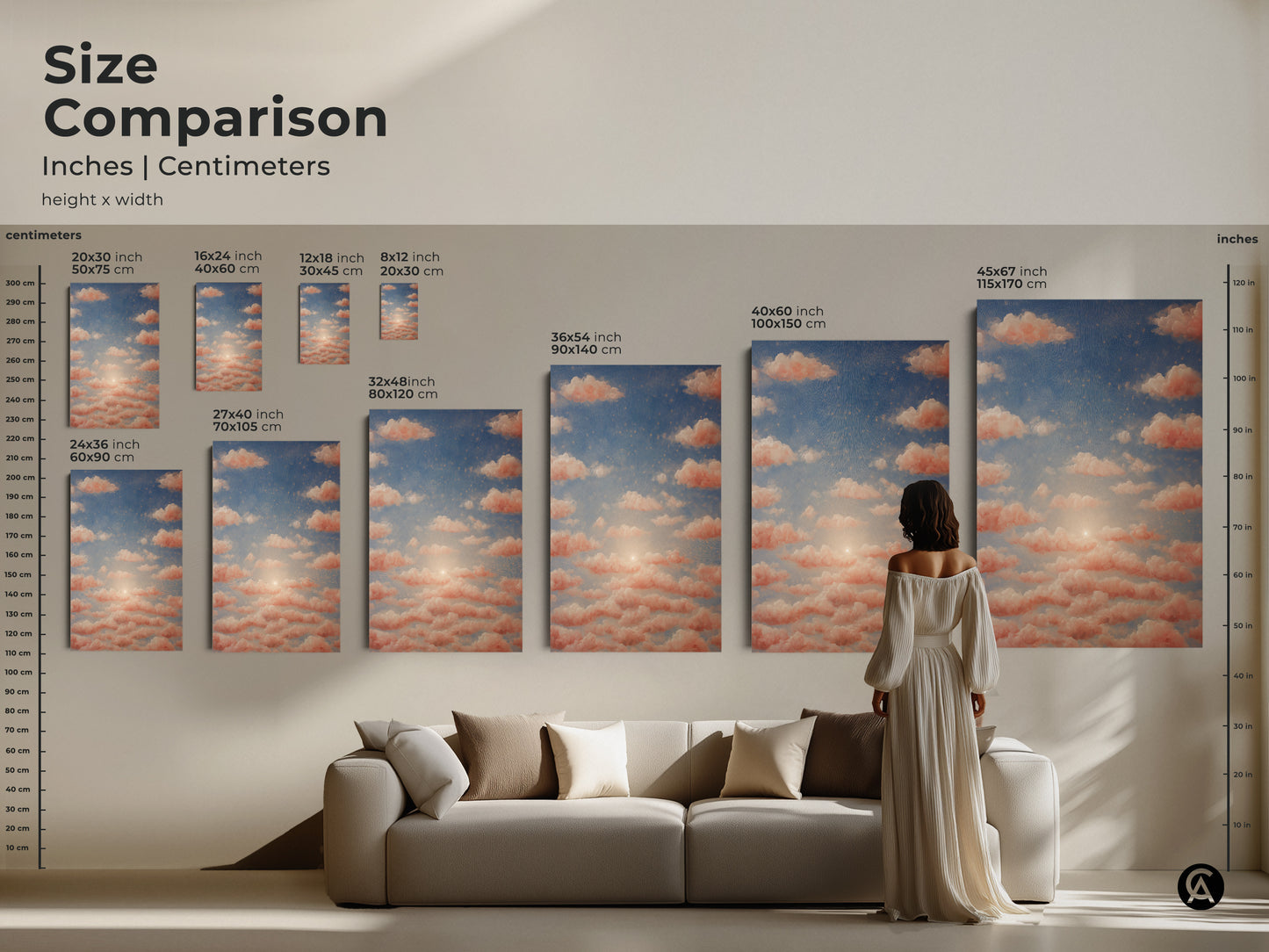 Residential wall decor with peach and sky blue hues. Dreamy cloud art on canvas evokes tranquility. This bohemian artwork is a perfect housewarming gift for artists and dreamers.