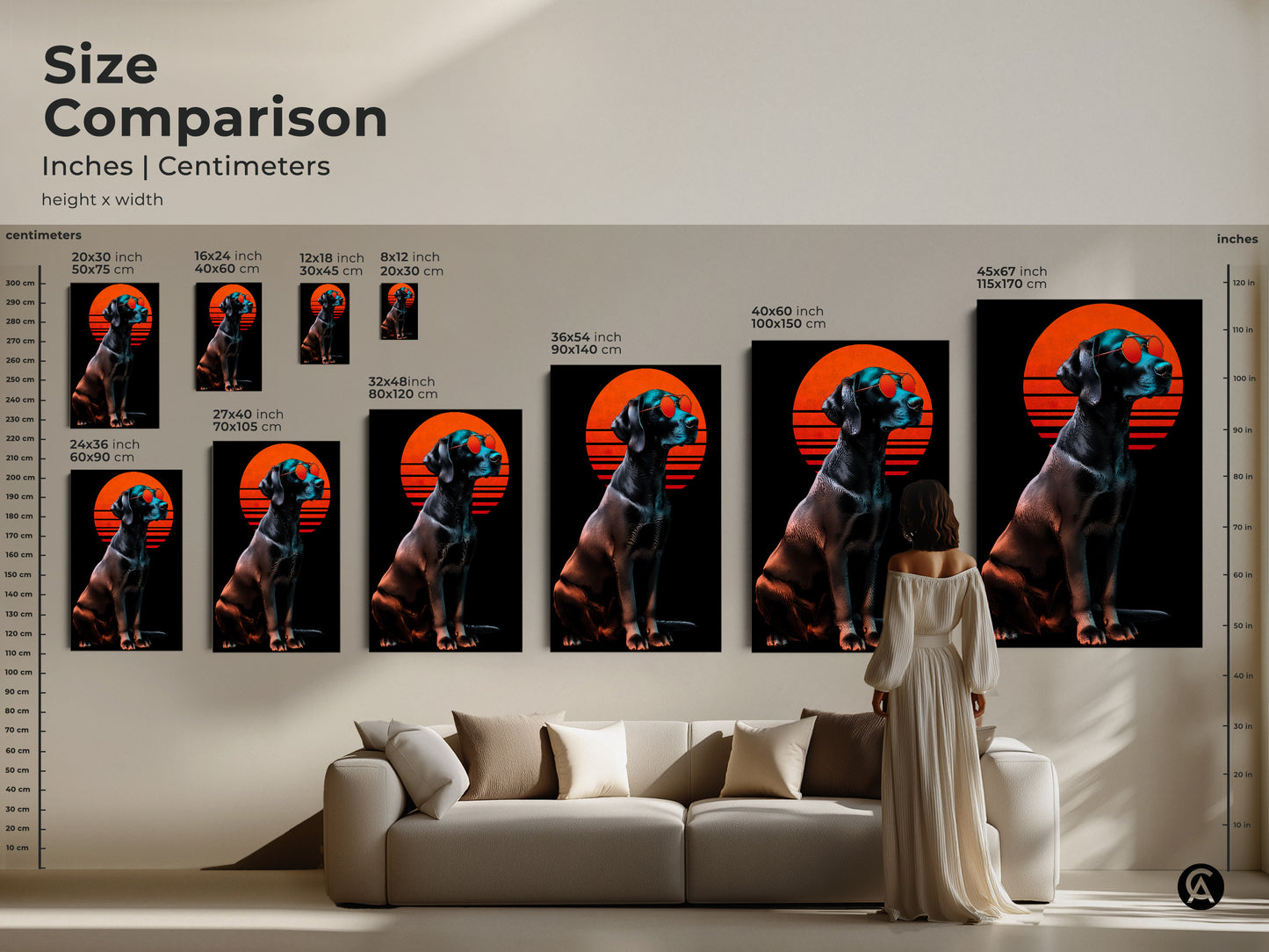 Compare the sizes of this retro dog art print available in inches and centimeters. See how the Vaporwave Dog artwork fits above a couch. Available as a canvas or poster. The teal orange and black artwork adds a cool retro touch to any room