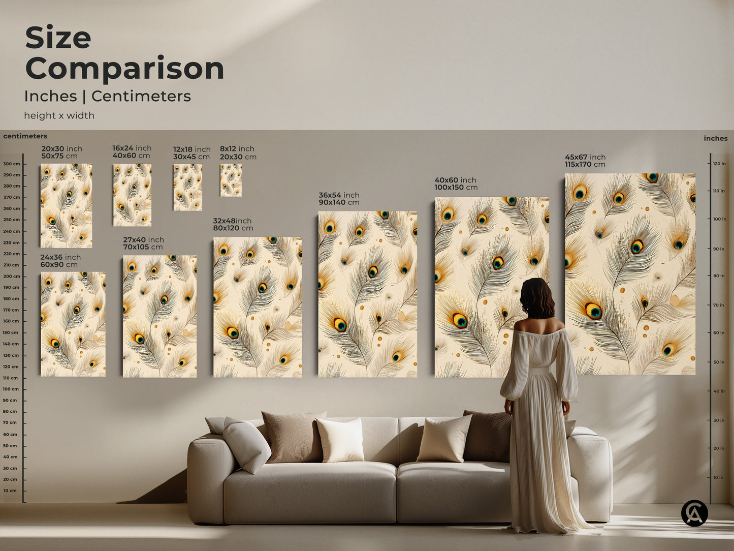 Size comparison of peacock feather artwork in inches and centimeters. See how the canvas print looks above a sofa. The cream teal and gold artwork is a fine art print decor. Perfect for adding a bohemian touch to your living room.