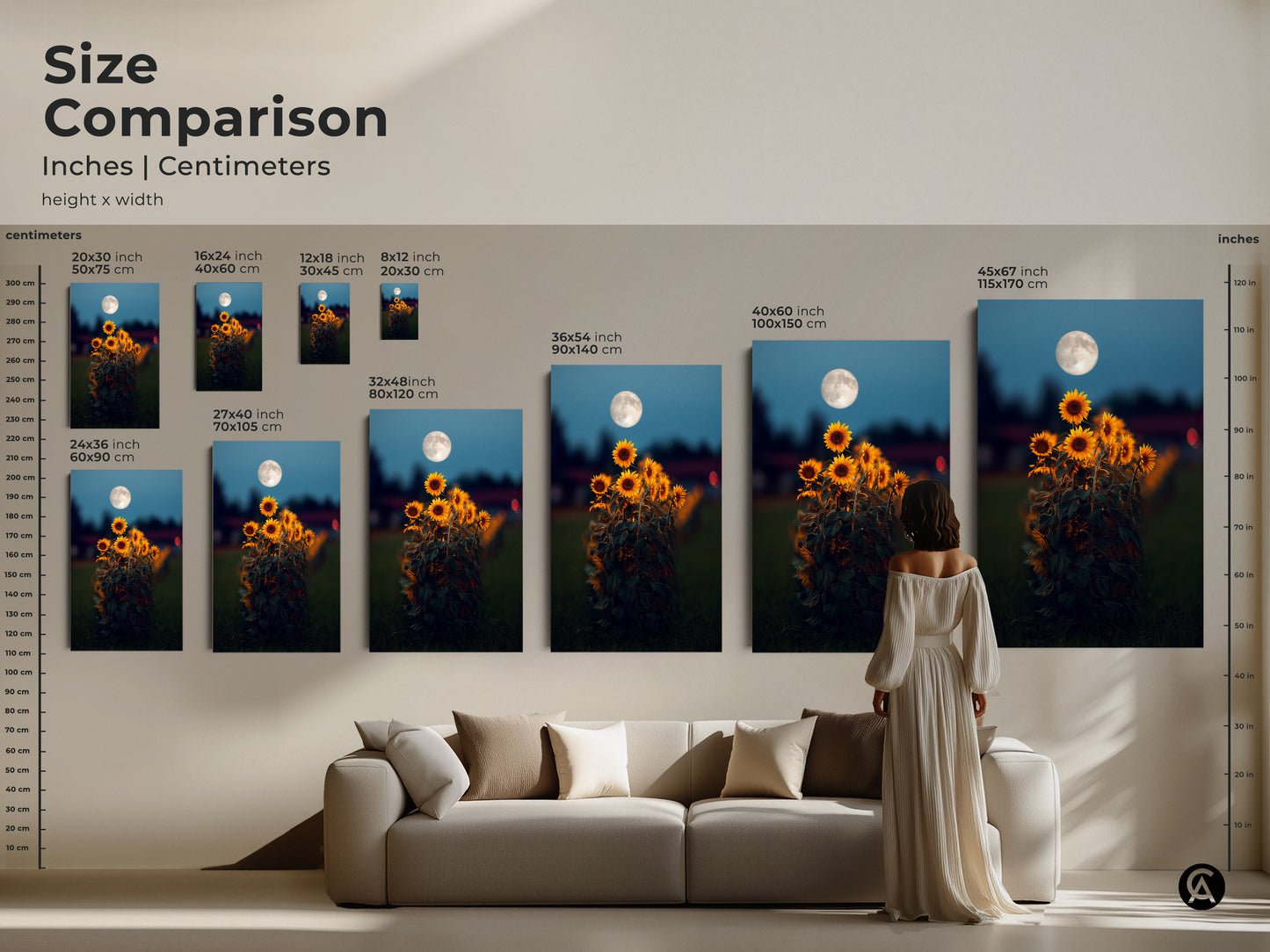 Size comparison of sunflower moon artwork in inches and centimeters. See how the botanical wall art print looks in different sizes. From small to extra large you can find the perfect fit for your space. Dreamy boho decor for any room.