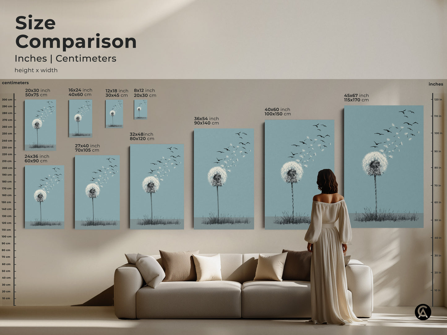 Size comparison of dandelion art print. See the artwork in various sizes from small to large. The minimalist botanical line art is showcased in a sky blue palette. Perfect for creating a Scandinavian home art atmosphere. This nature inspired wall art adds gentle movement to any living space. Find the perfect fit for your decor.