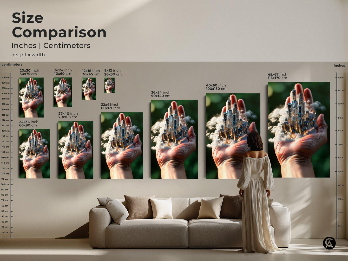 Size comparison featuring the surreal cityscape art print over a couch. Various sizes of the canvas art enhance this modern living room. The artwork is perfect for home decor.