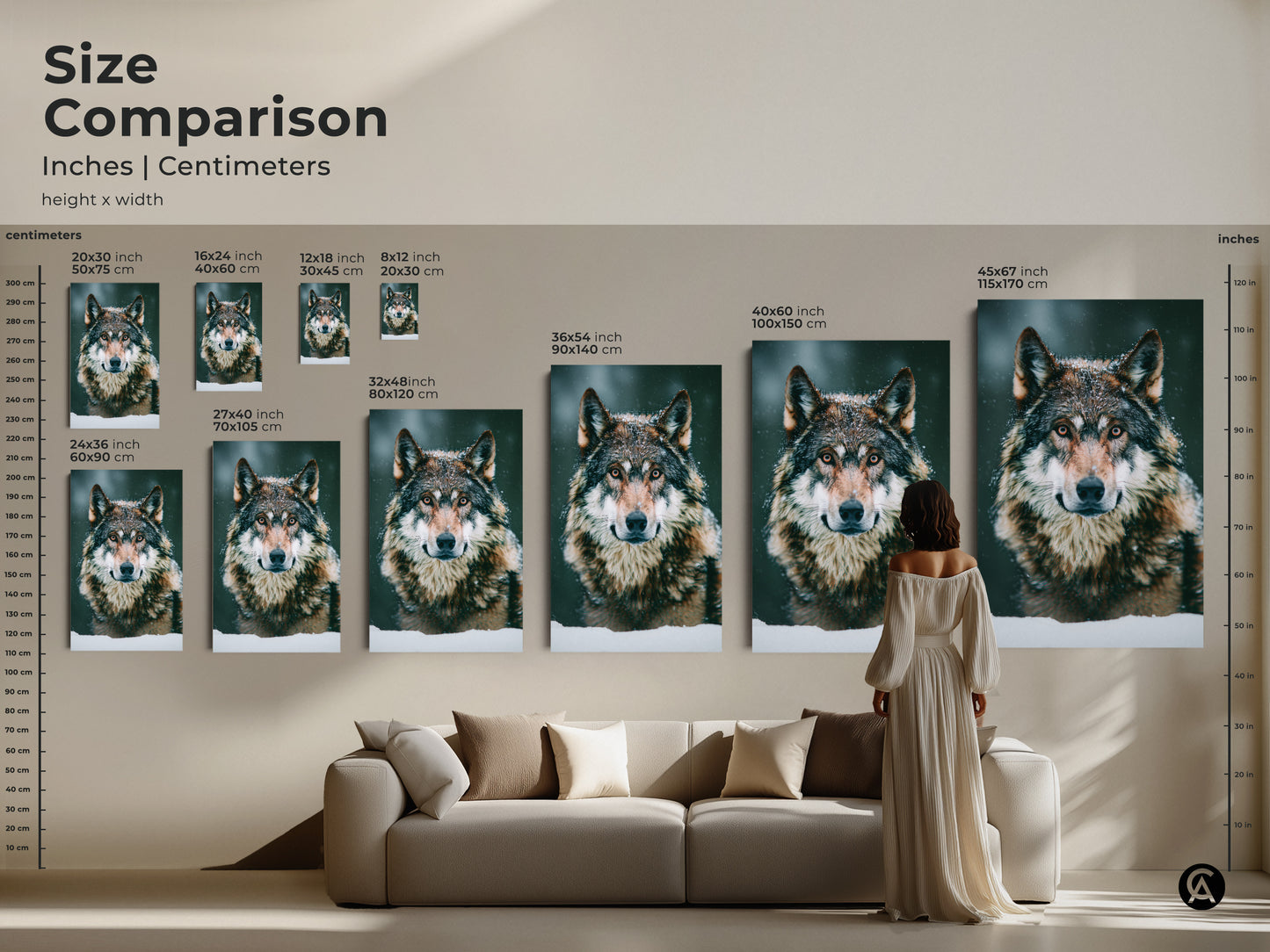 Size comparison of the photorealistic wolf artwork. Inches and centimeters are listed for each print. This snowy forest wolf print is perfect for any room. Add wildlife animal art to your decor. Available as a canvas or poster print. A great wolf lover gift idea.