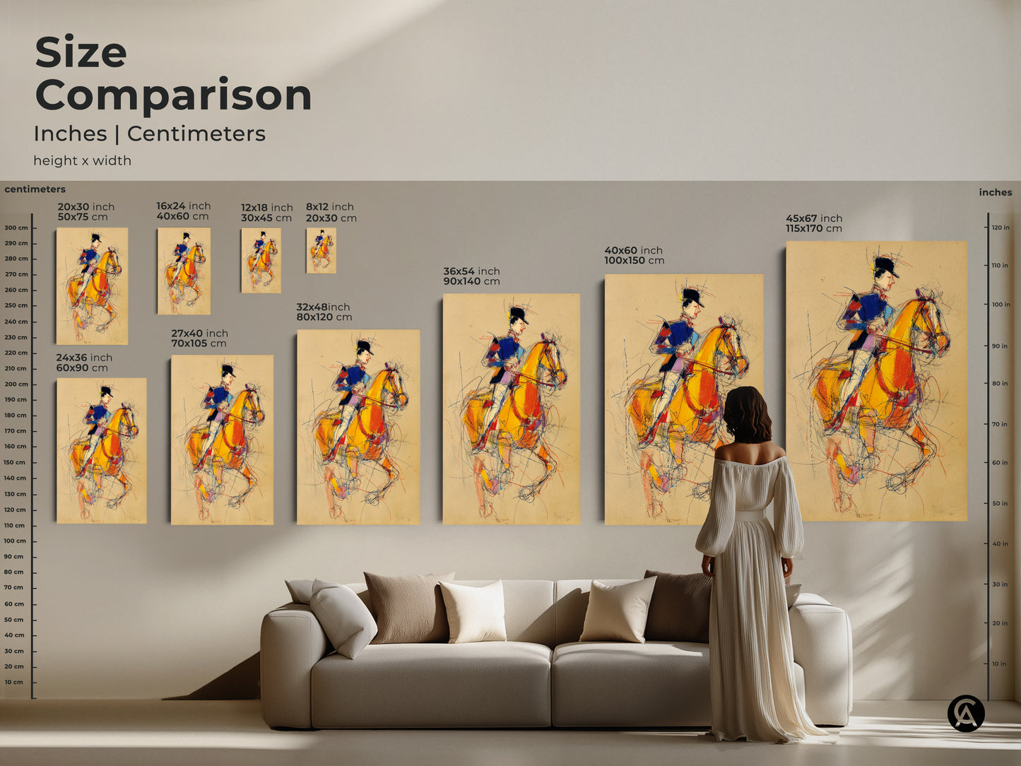 Size comparison of horse rider art prints. See how the artwork looks in different dimensions. From small to large sizes in inches and centimeters. Expressionist style in yellow blue and red. Ideal for any living room or study.