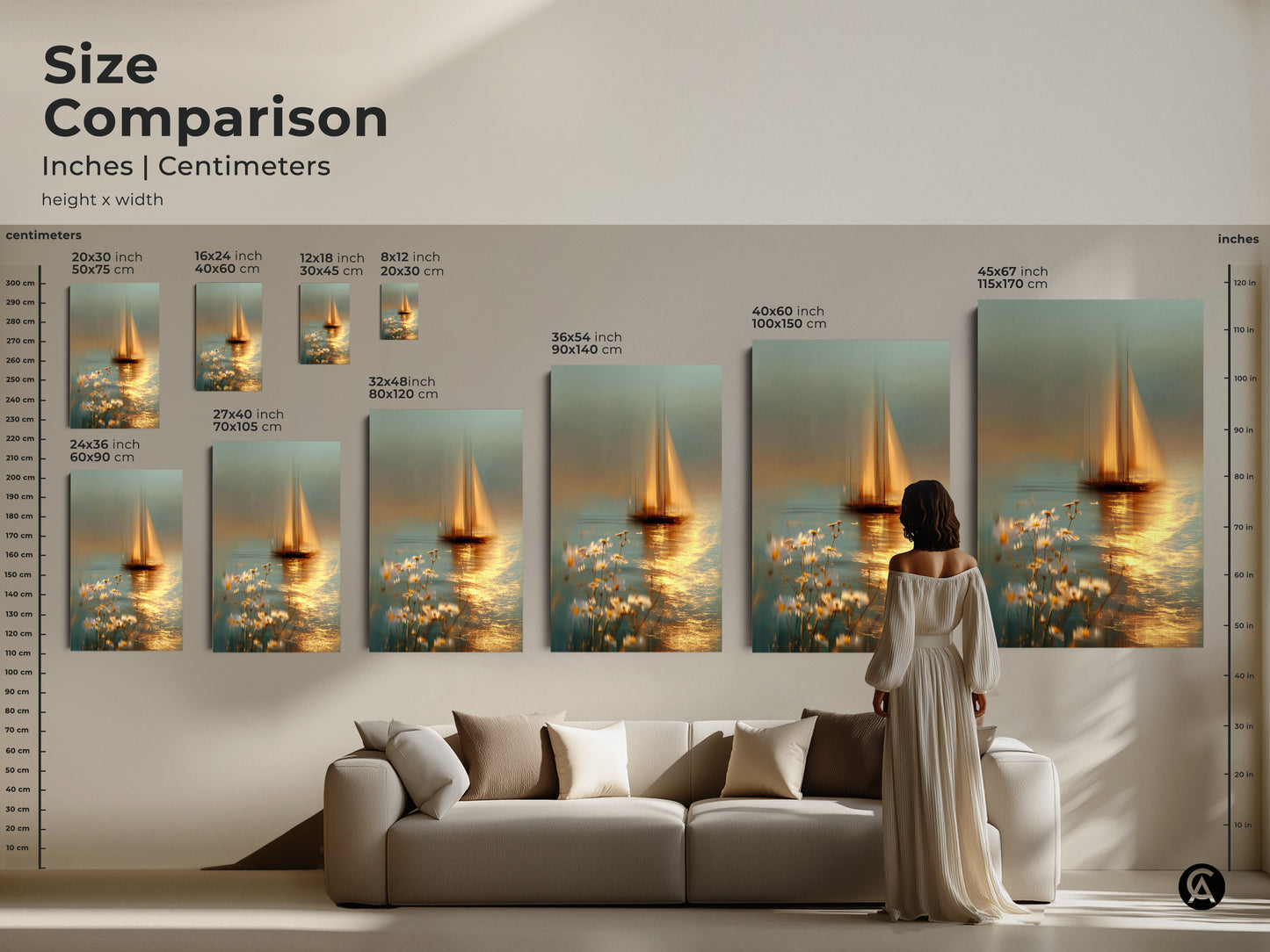 Size comparison of impressionistic sailboat art prints. Ranging from small 8x12 to large 45x67. This dreamy seascape canvas adds beauty to any room. Perfect for nautical home decor. A great gift for any sailor or sea lover.
