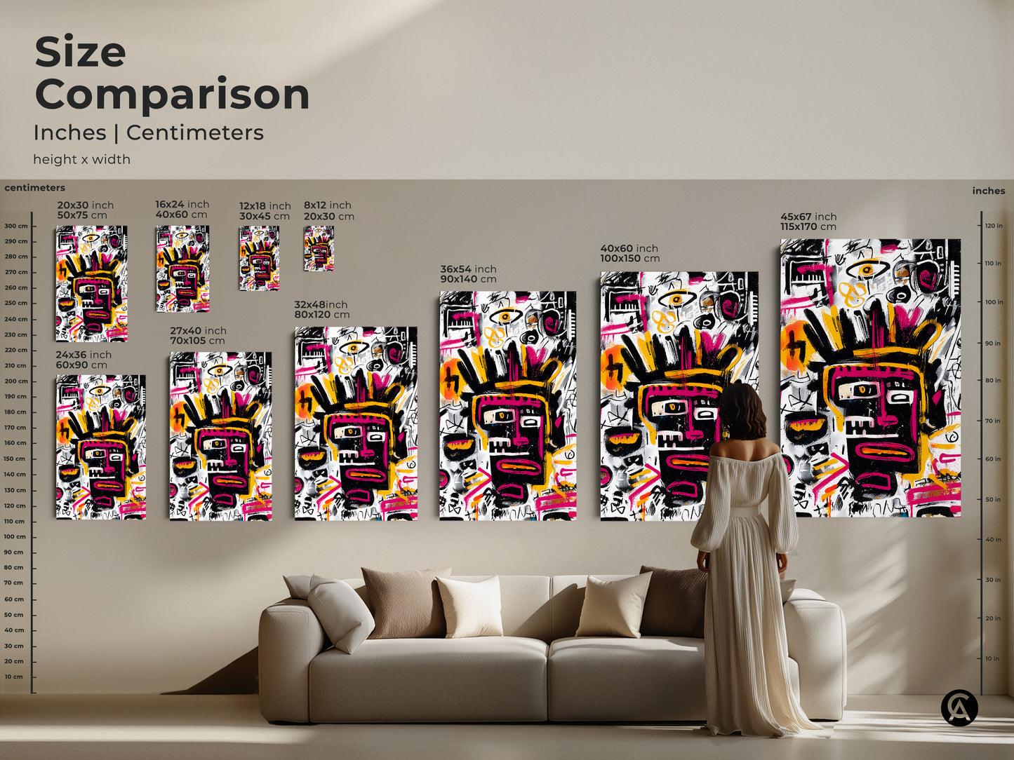 Size comparison of abstract face art prints. See how different sizes look in a living space. Ranging from small 8x12 inch prints to large 45x67 inch canvases. Visualize the impact of this unique artwork in your home.