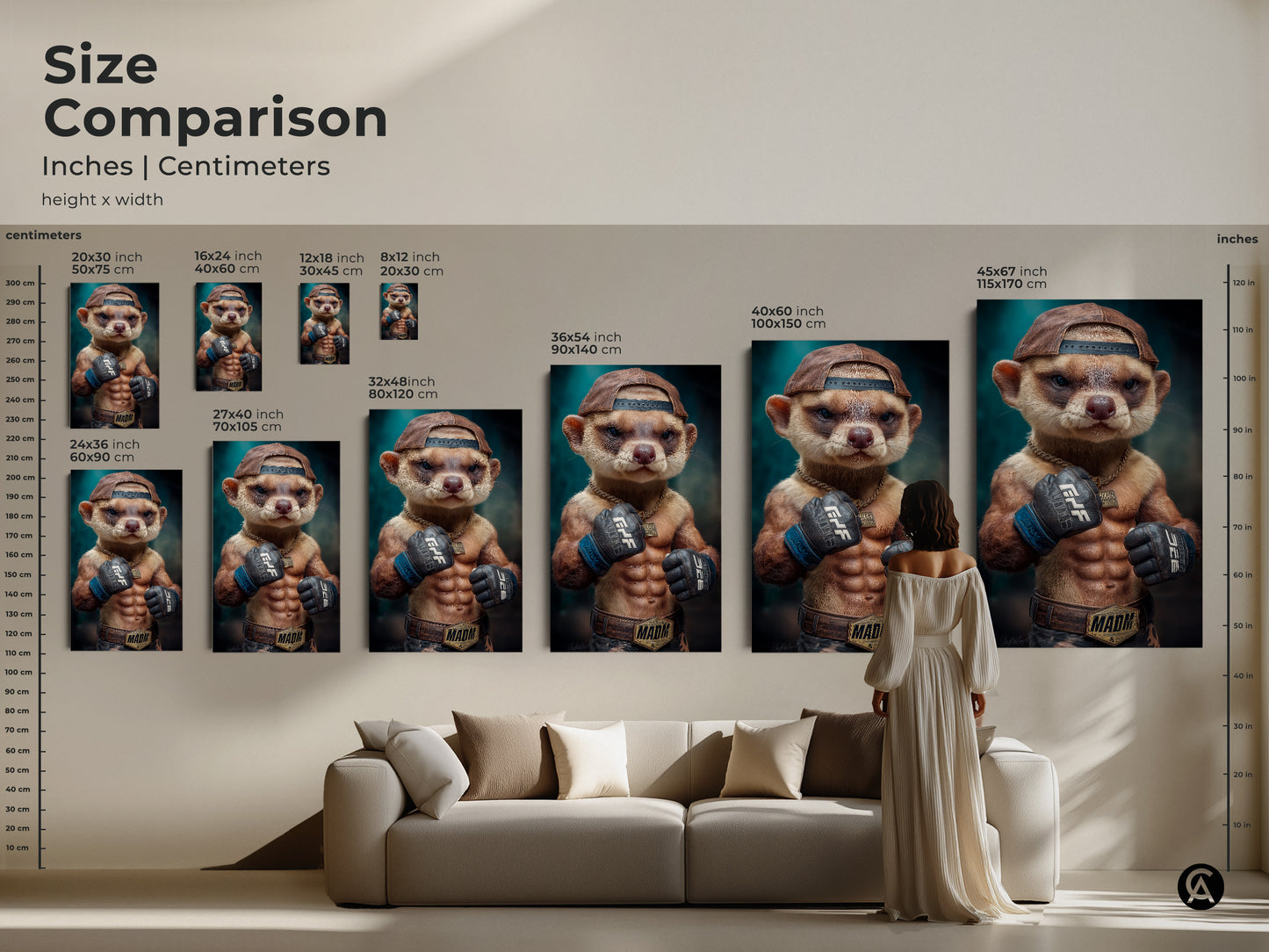 This image shows a size comparison chart of this art. The height and width are compared in inches and centimeters. This photorealistic animal artwork will look great in a man cave office or game room. This makes a great modern art gift