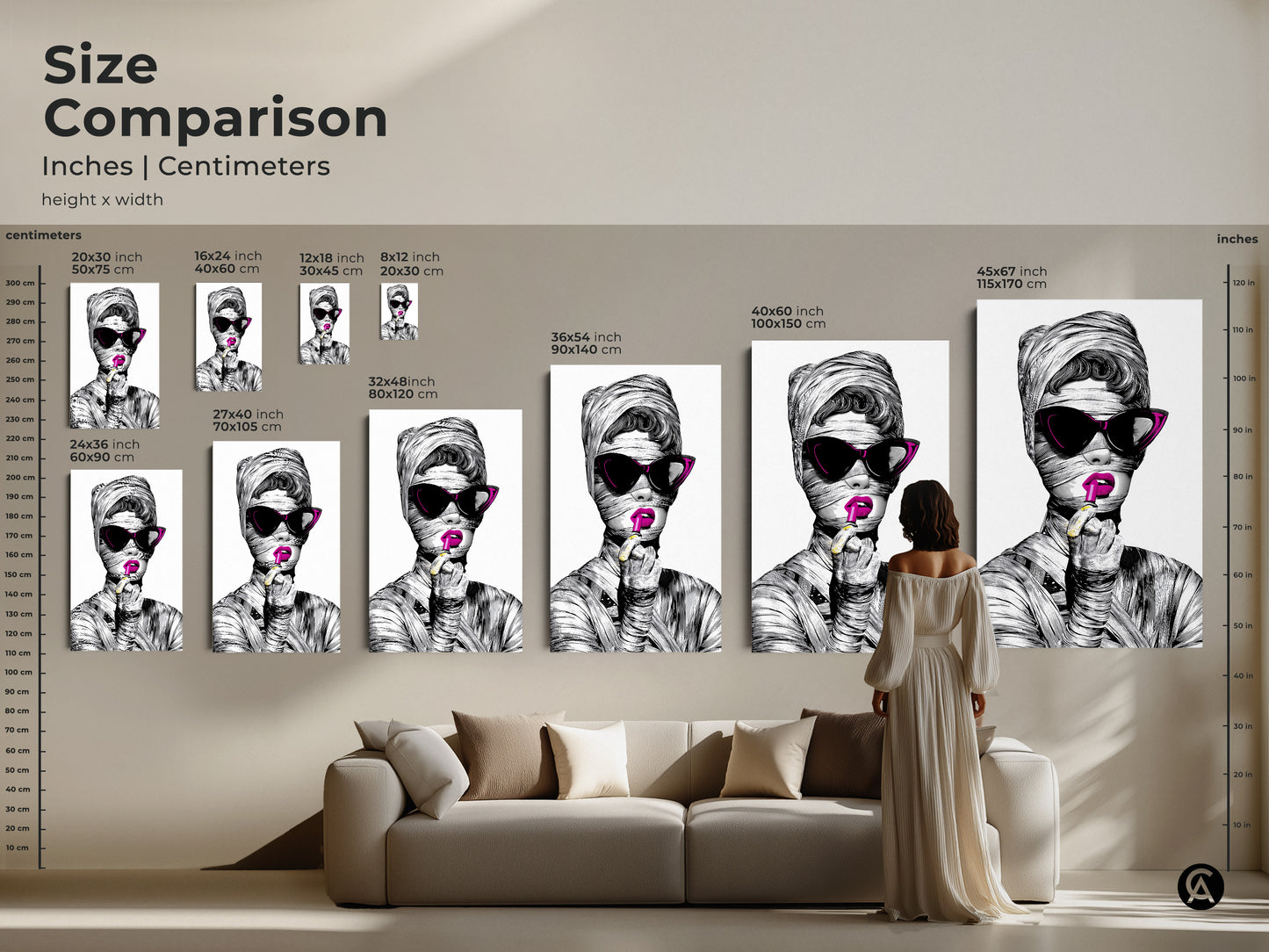 Size Comparison of the fashionable woman artwork in inches and centimeters. This pop art canvas print is shown in various sizes above a sofa. It's a perfect fit for any modern eclectic decor. Choose the ideal size for your space.