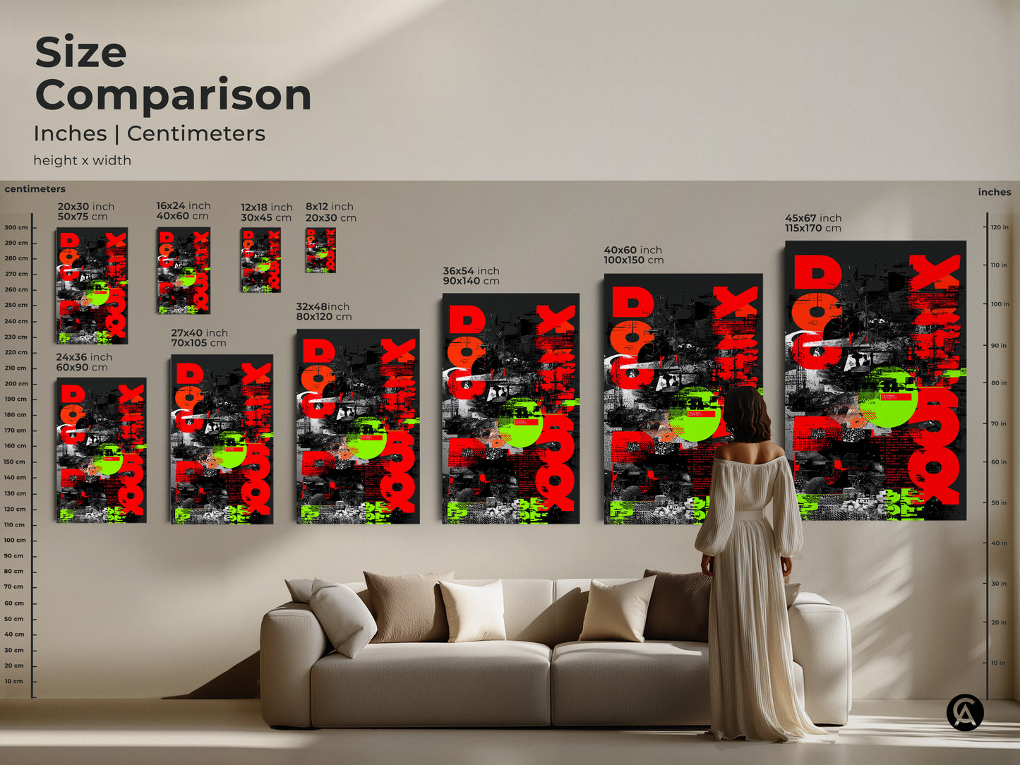 Size comparison of Red Neon Green Abstract art prints. This includes inches and centimeters. Sizes range from 8x12 inches to 45x67 inches. The modern collage artwork is perfect for any space. This unique wall art is a great gift for graphic enthusiasts. The urban typography collage is visually striking and adds a touch of creativity.