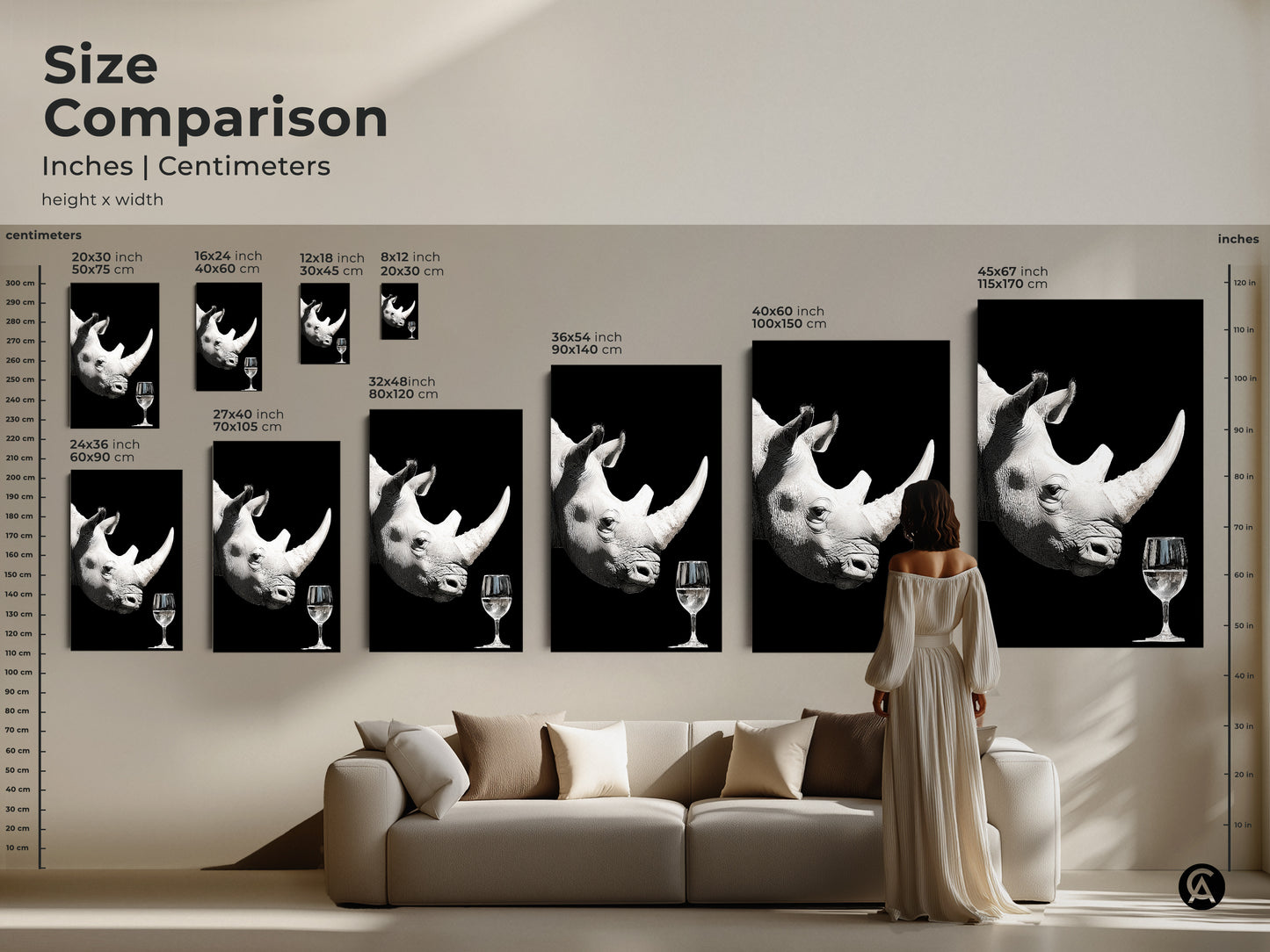 This size comparison shows the artwork in inches and centimeters. A woman in a white dress and a white couch are there for scale. Featuring the rhino art print in different sizes from small to large.