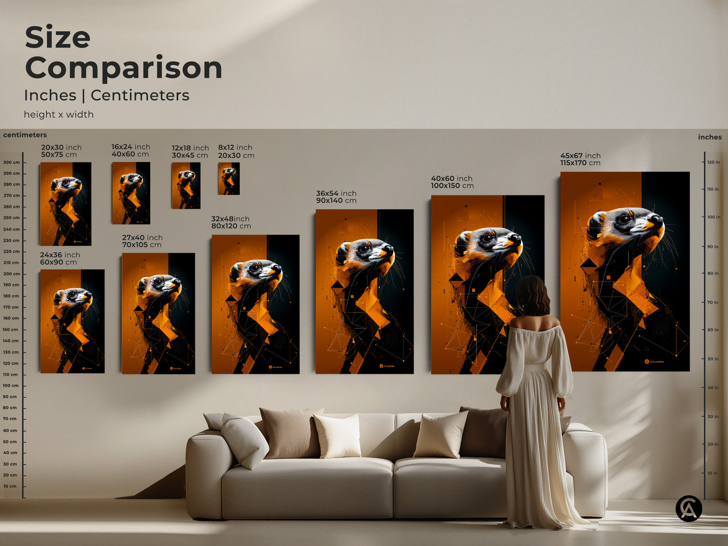 A size comparison showcases geometric ferret artwork in inches and centimeters. Perfect as a modern and unique gift for animal lovers or as abstract geometric painting wall decor.