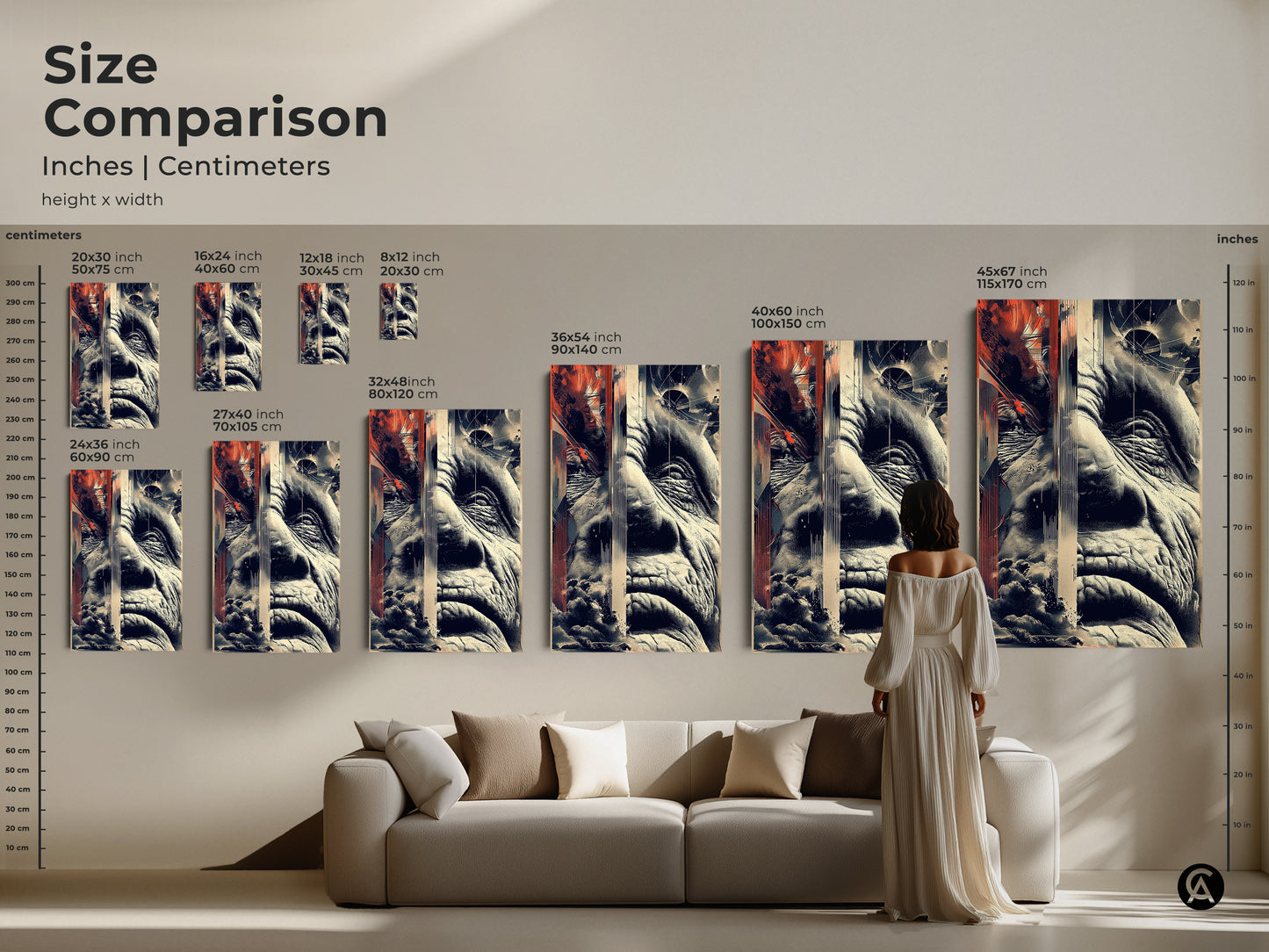 Size comparison of glitch art prints. The art displays an old man's face with geometric elements. Available in various sizes as canvas or poster. The artwork includes terracotta beige and navy for eclectic wall decor.