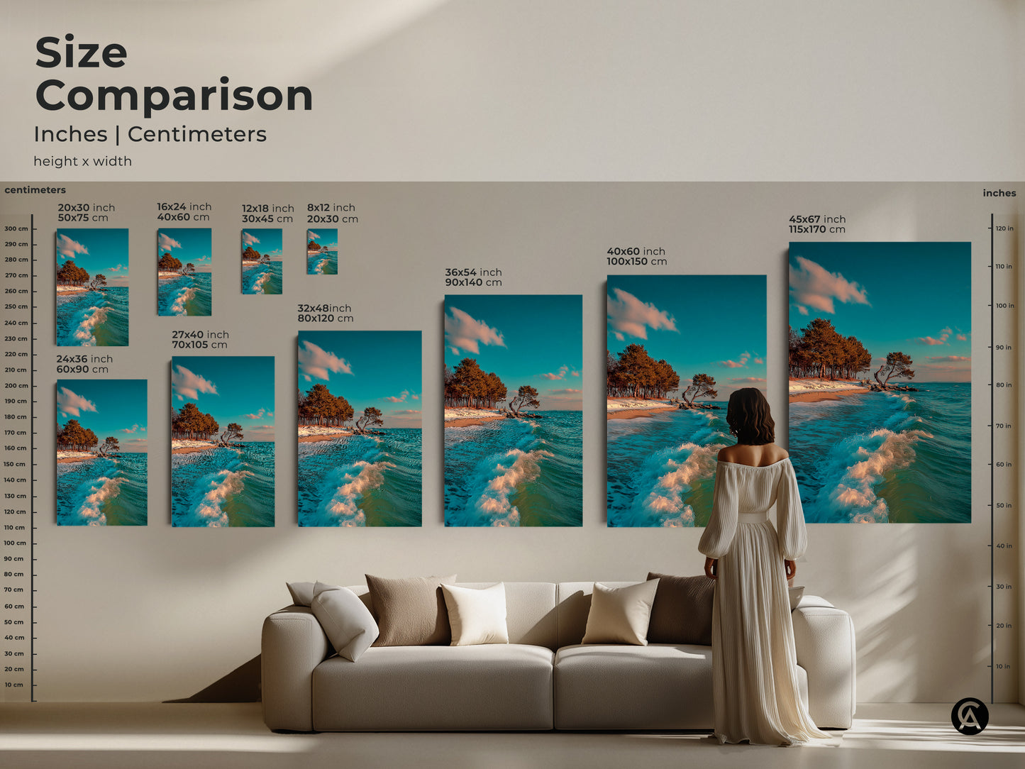 Compare sizes of this coastal ocean wave art. See how different dimensions fit above a sofa. Visualize the impact of this beach landscape canvas in your living space. Sizes range from small to extra large. This artwork adds a touch of seaside serenity to any home.