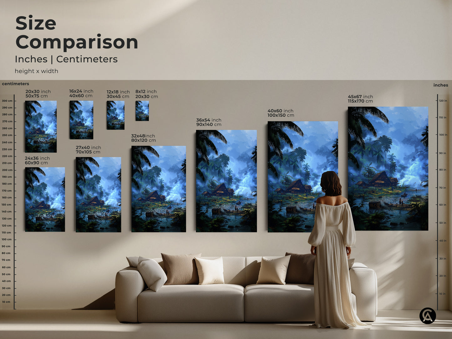 Size comparison of tropical river village art prints in inches and centimeters. View the artwork in various dimensions. It ranges from small to large sizes. See how it complements your living room decor. Perfect for travel lovers seeking a serene river landscape in their home.