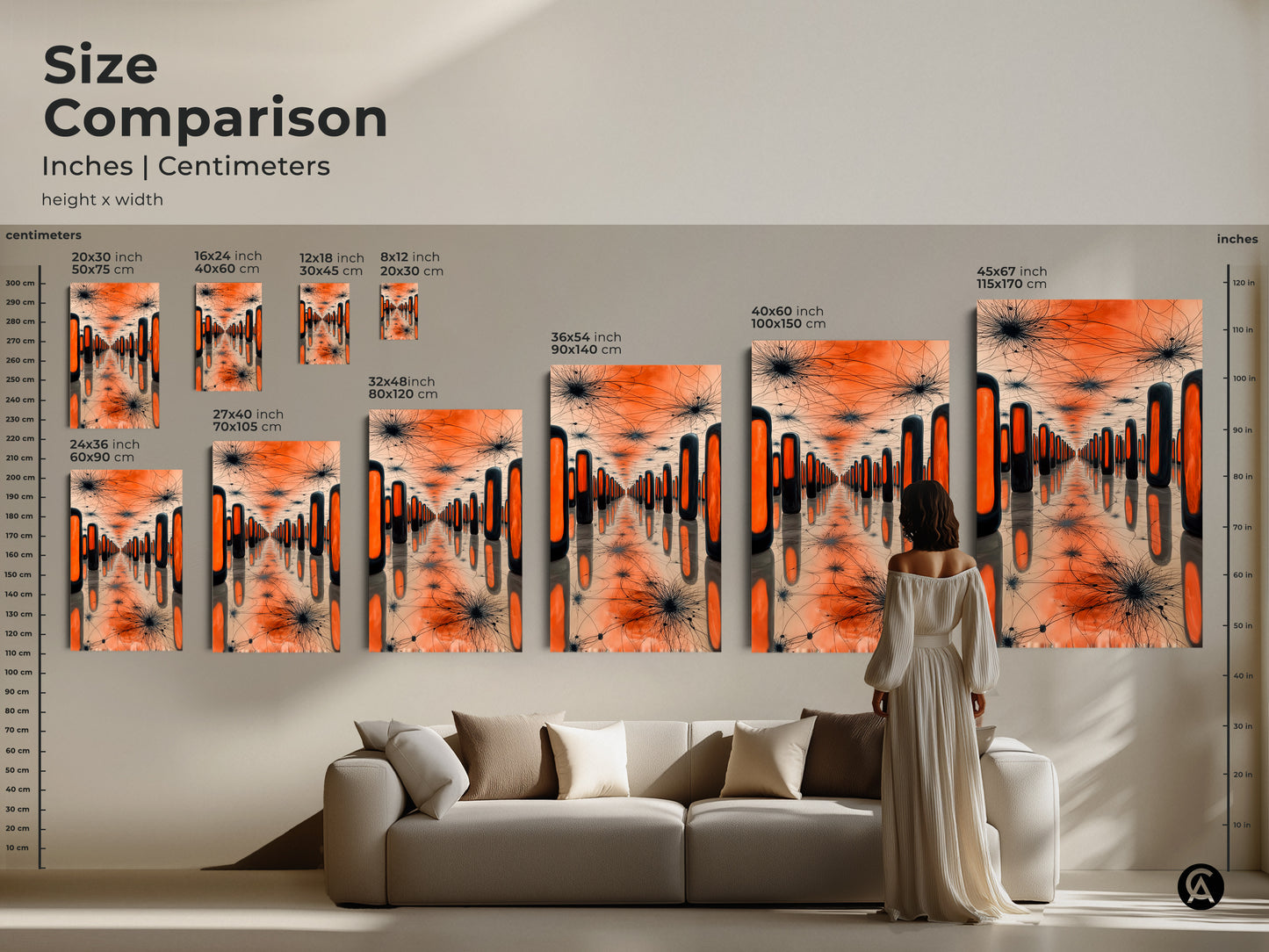 Size comparison of geometric surreal art prints in inches and centimeters. A model stands next to various sizes in a room setting. See the impact of this abstract artwork on your living space wall.