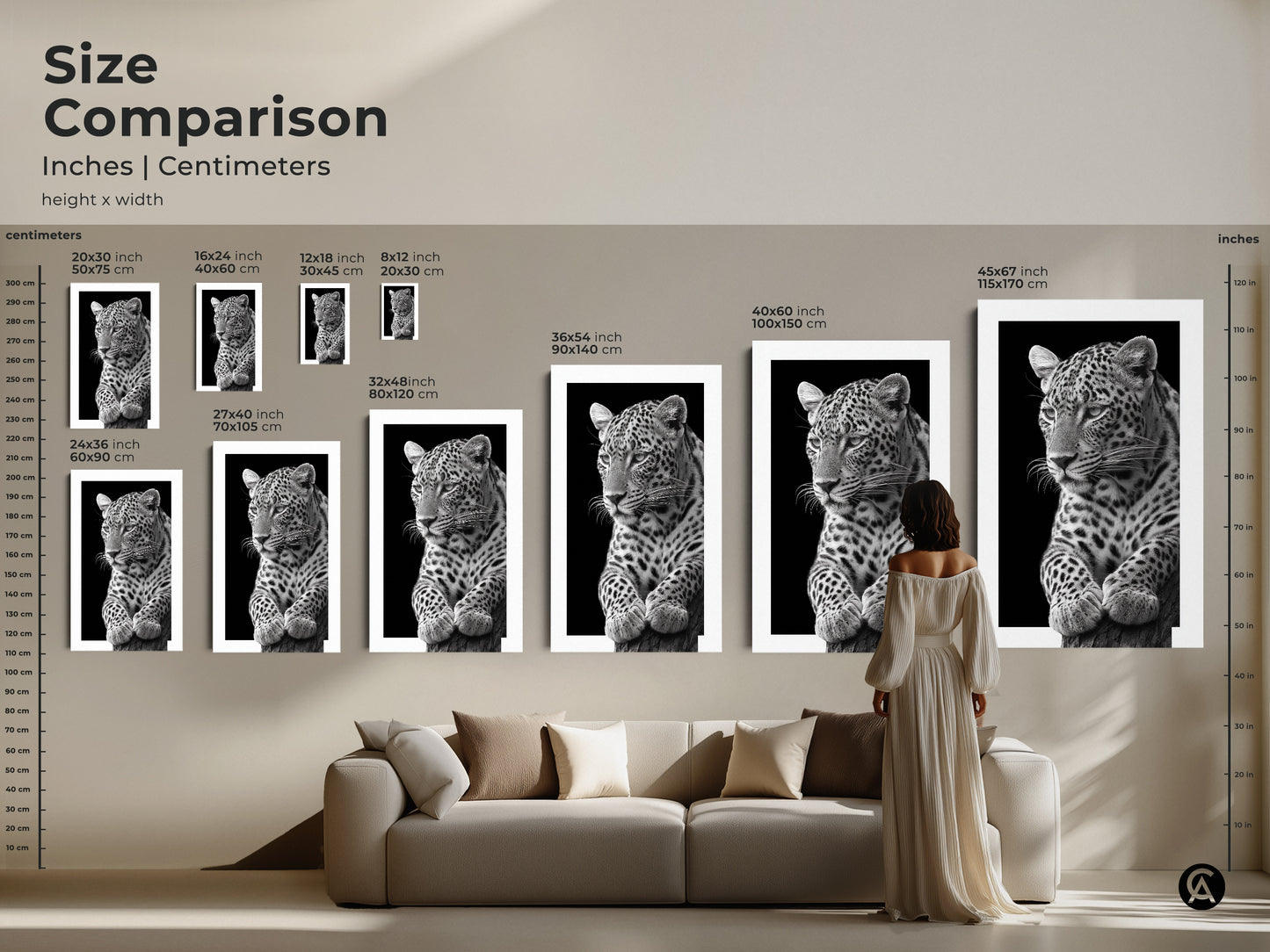 Compare the sizes of monochrome leopard artwork. Find options in inches and centimeters. Visualize the art in various dimensions. Choose the ideal scale for your wall decor. Shop modern wildlife art today!