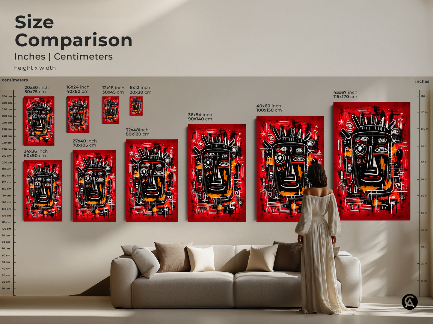 A size comparison of abstract face art in inches and centimeters. Various sizes are available to fit any room. See how this bold artwork transforms a living space with its unique and modern appeal.