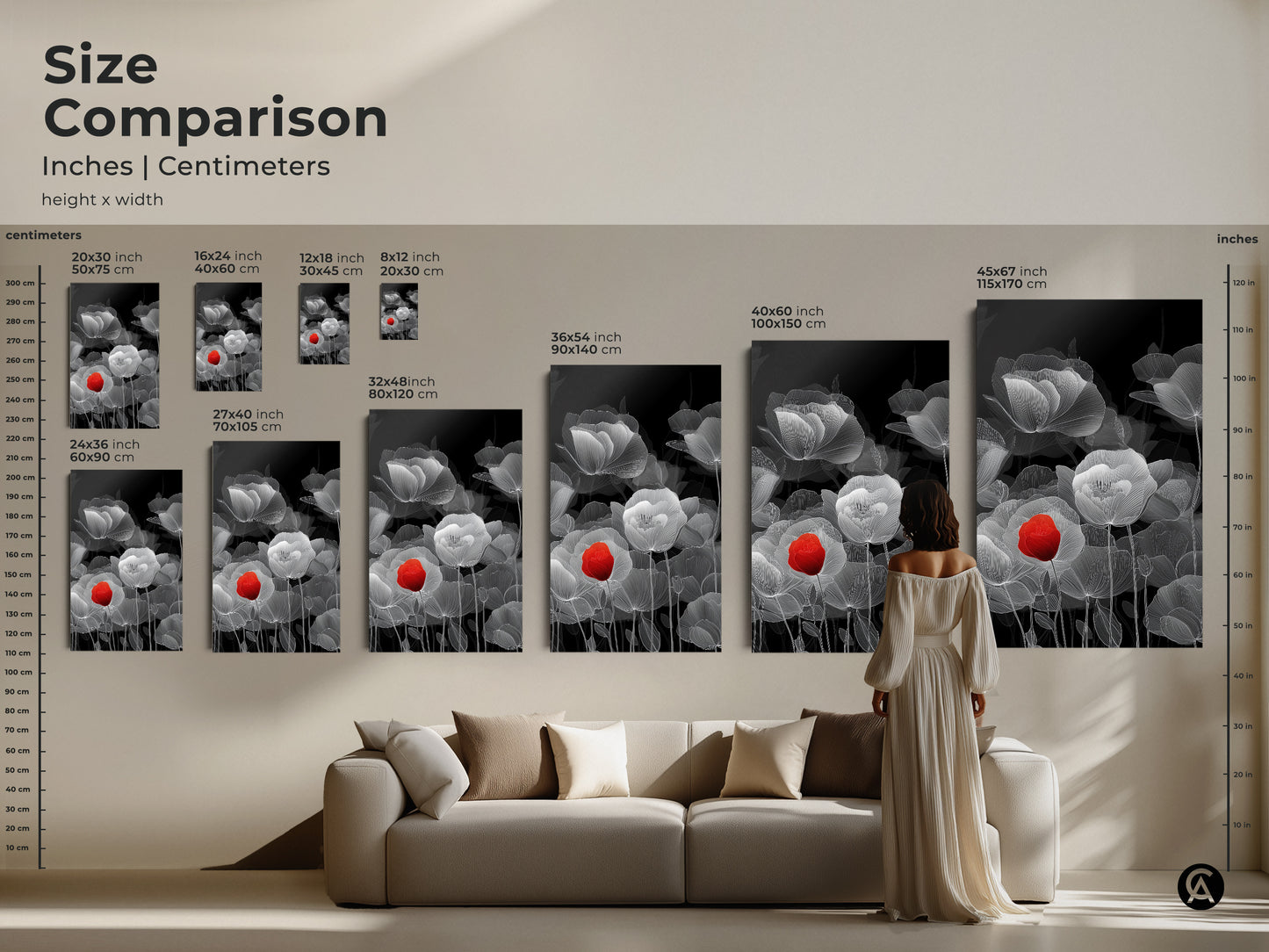 Size comparison of abstract botanical line art in inches and centimeters. See the red poppy artwork in various sizes. Black and white floral canvas options are available. Choose the perfect scale for your minimalist home decor.