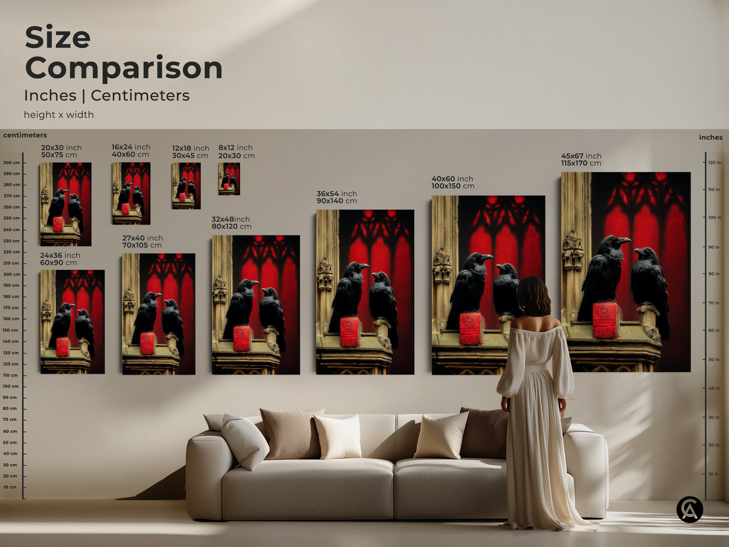 Size comparison showcasing Gothic Arch Raven artwork. The canvas print size can be compared. With options from small to large this gothic architecture art is perfect for various rooms