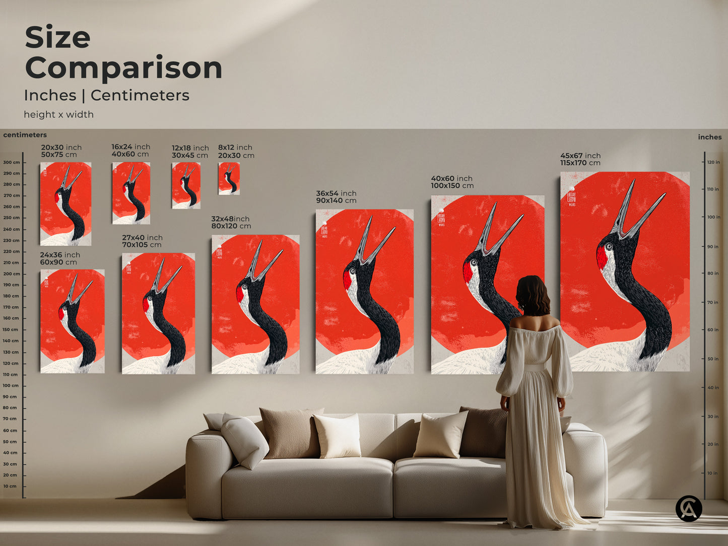 Size comparison showcases the Red Crowned Crane art print in various dimensions. Find the perfect fit for any living room or space with this Japanese crane wall art. Choose from canvas or poster prints for wildlife nature art.