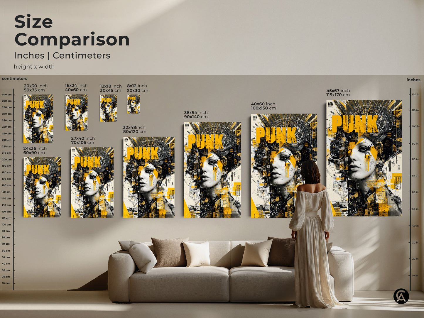 Size comparison of punk woman artwork in inches and centimeters. Various sizes are displayed next to a couch and a person for scale. Find the perfect size for your space with our guide today.