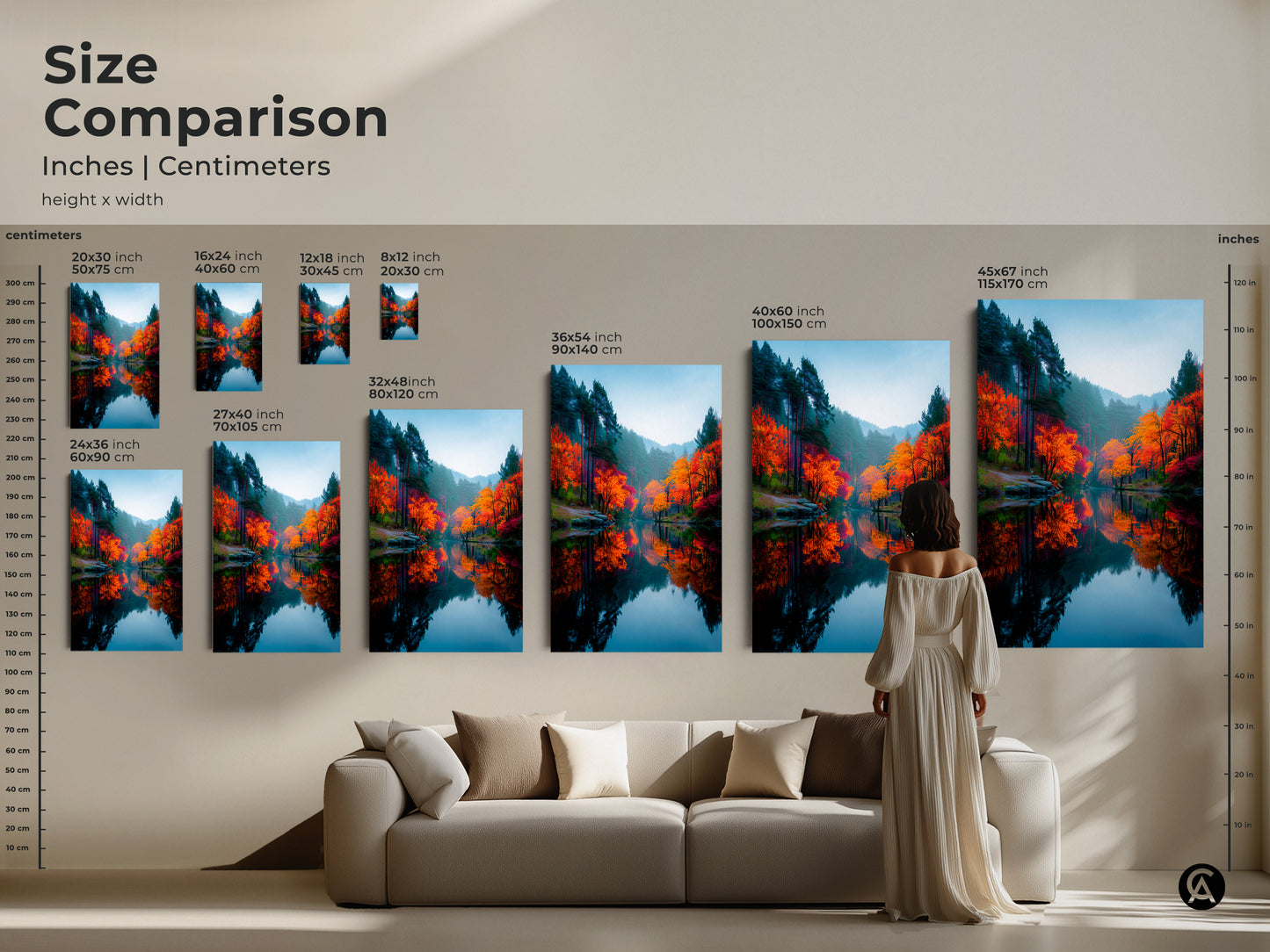 Size comparison of landscape art prints. Discover how different canvas sizes fit above a sofa. See the scale of autumn forest art in inches and centimeters. Find the perfect wall art now.