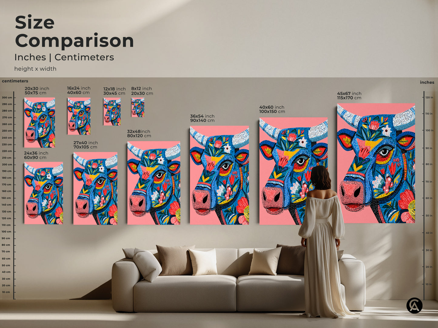 Size comparison of a floral bull artwork in various dimensions. Inches and centimeters are displayed. See how the artwork looks in different sizes. Find the perfect fit for your living room. Shop our animal art collection today and transform your space.