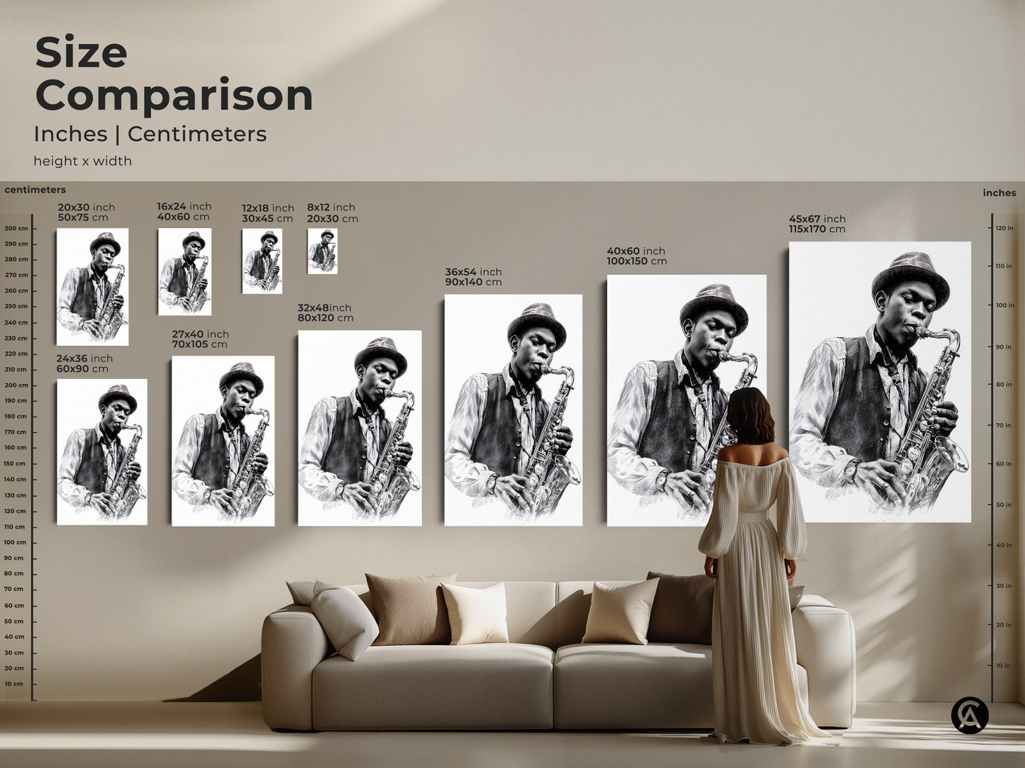 Size comparison of saxophone player art prints. See various sizes in inches and centimeters. Visualize how the art looks above a sofa. Choose from canvas and poster options. Find the perfect scale for your wall decor today.