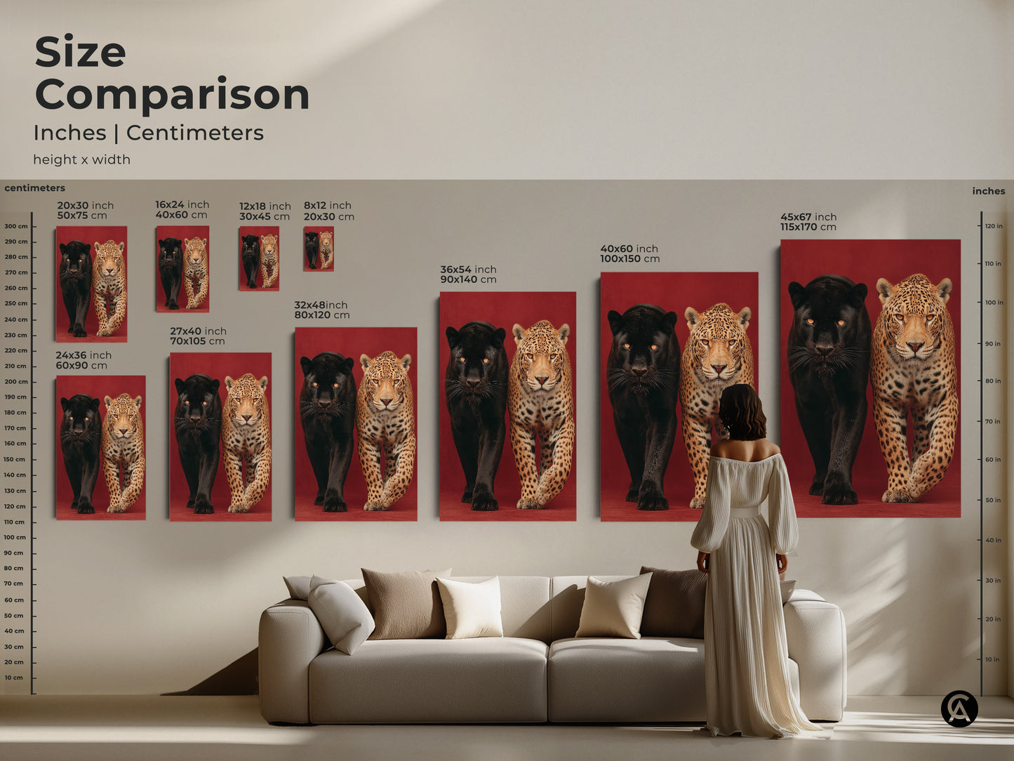 Compare sizes of the black panther and jaguar artwork in inches and centimeters. The wildlife animal artwork is available in various dimensions. Find the perfect fit for your space. Envision the art in a living room setting. This contemporary animal art enhances any interior