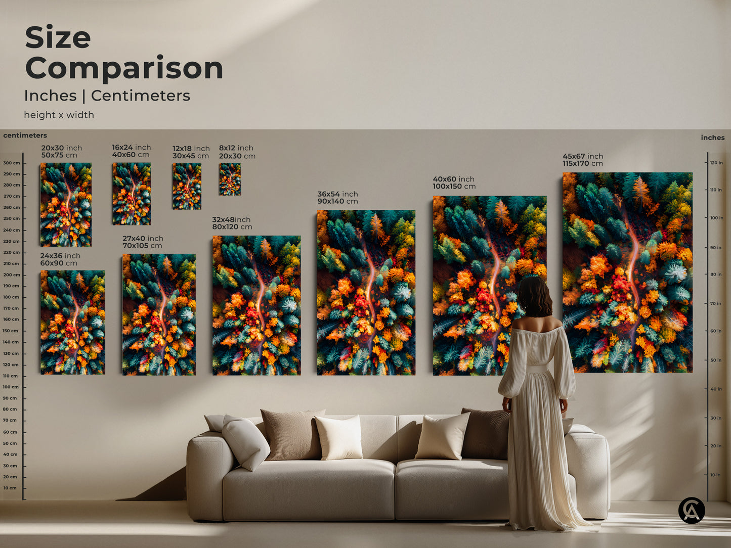 Size comparison of forest art prints. See the different sizes of canvas and poster prints side by side. From 20x30 cm to 115x170 cm. Visualize how each size will look in your living space. Find the perfect fit for your home.