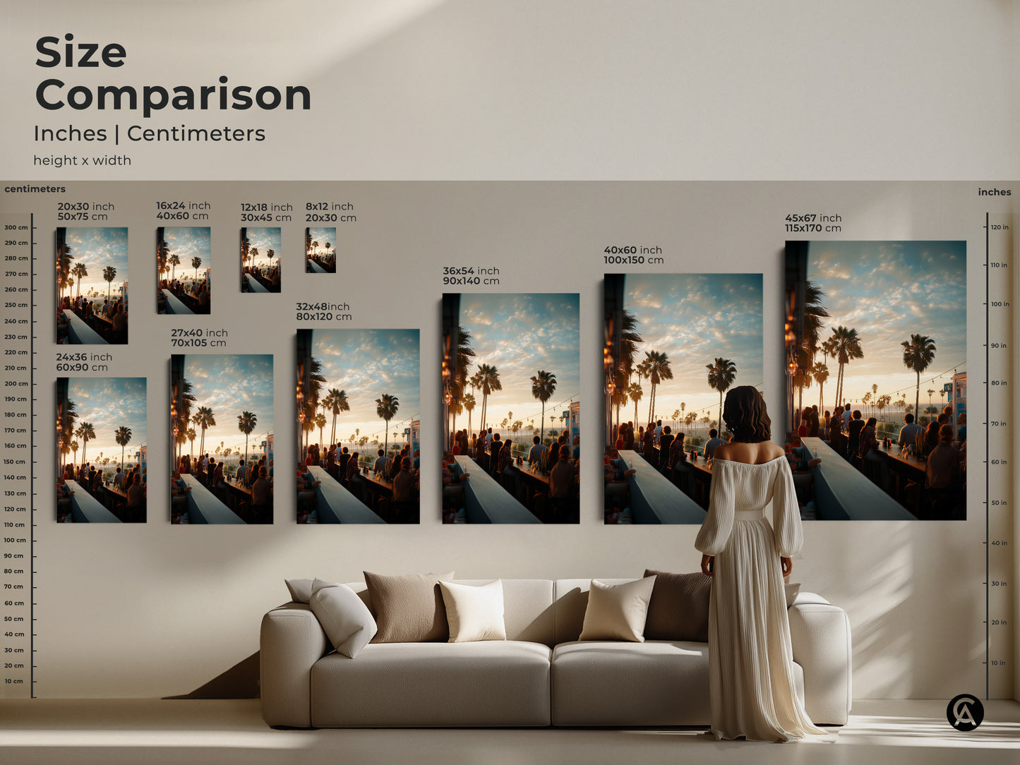 Size comparison of our sunset bar scene artwork in various dimensions. See how each size impacts your space. Options range from 8x12 inches to a large 45x67 inches. Perfect for canvas and poster prints to complement your decor.
