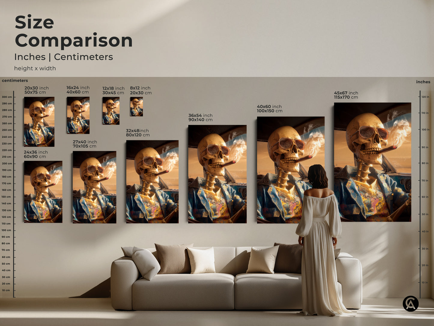 Size comparison of skeleton driving a car artwork in inches and centimeters. See how different sizes look above a couch. Choose from various sizes to match your room's aesthetic. Elevate your interior with this eye-catching skeleton artwork. Find the perfect size.