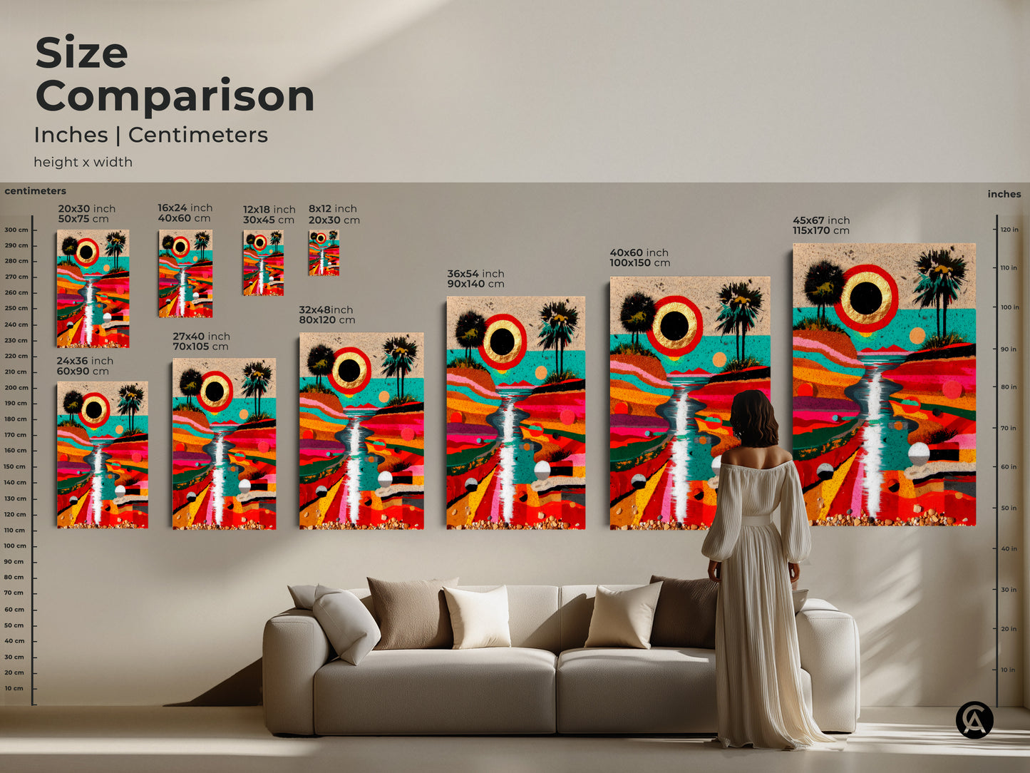 Explore the size comparison of our abstract tropical wall art. Inches and centimeters showcase various canvas prints sizes. This colorful landscape canvas artwork can transform any living space into a modern art gallery. Perfect as a housewarming gift.