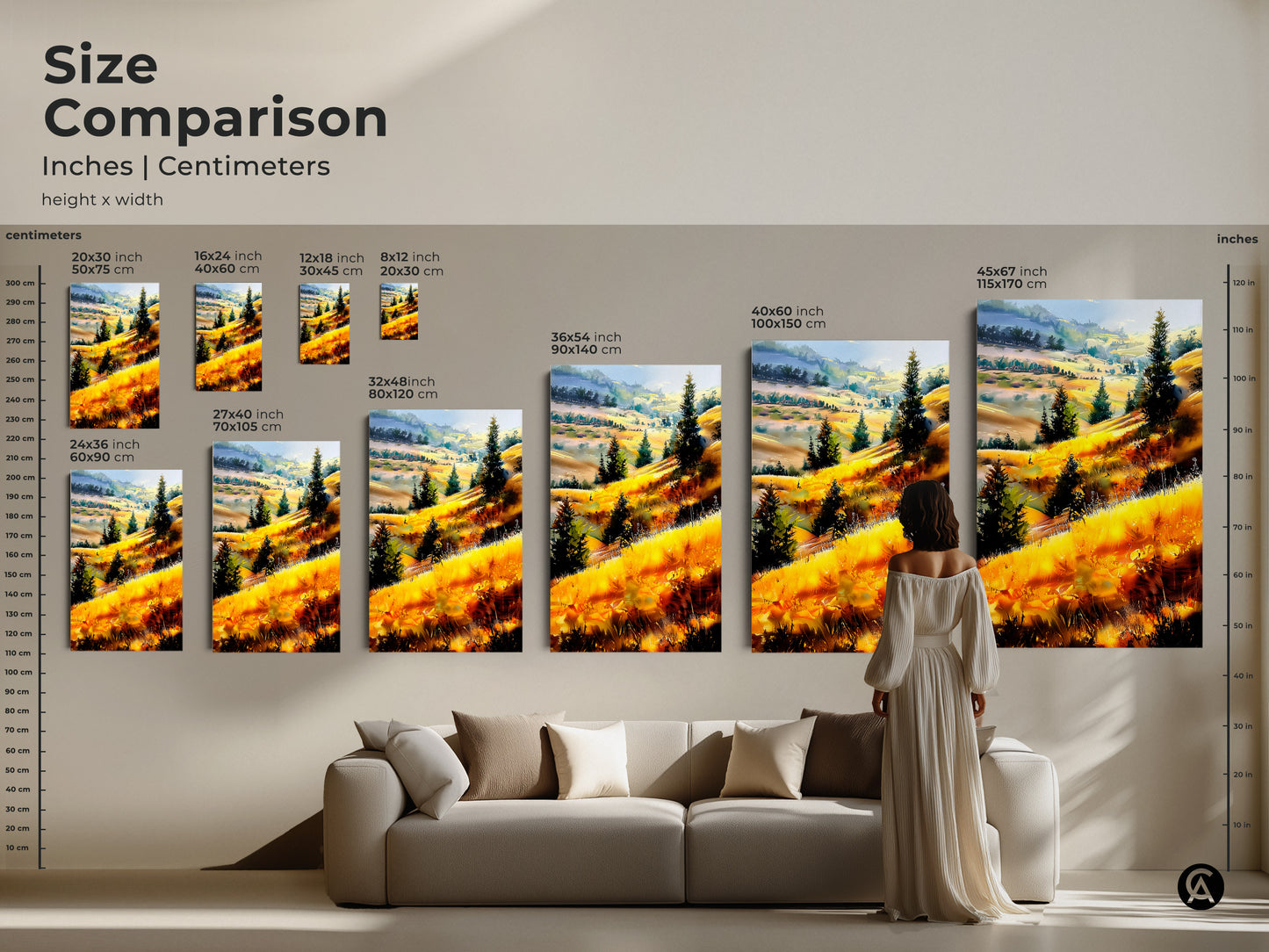 Compare sizes of rustic landscape wall art featuring golden hills and evergreen trees. See how the canvas and poster prints look in various dimensions. Visualize the artwork above a sofa to gauge the ideal size. This impressionistic nature scenery decor adds natural beauty to any space. Choose the perfect size for your home.