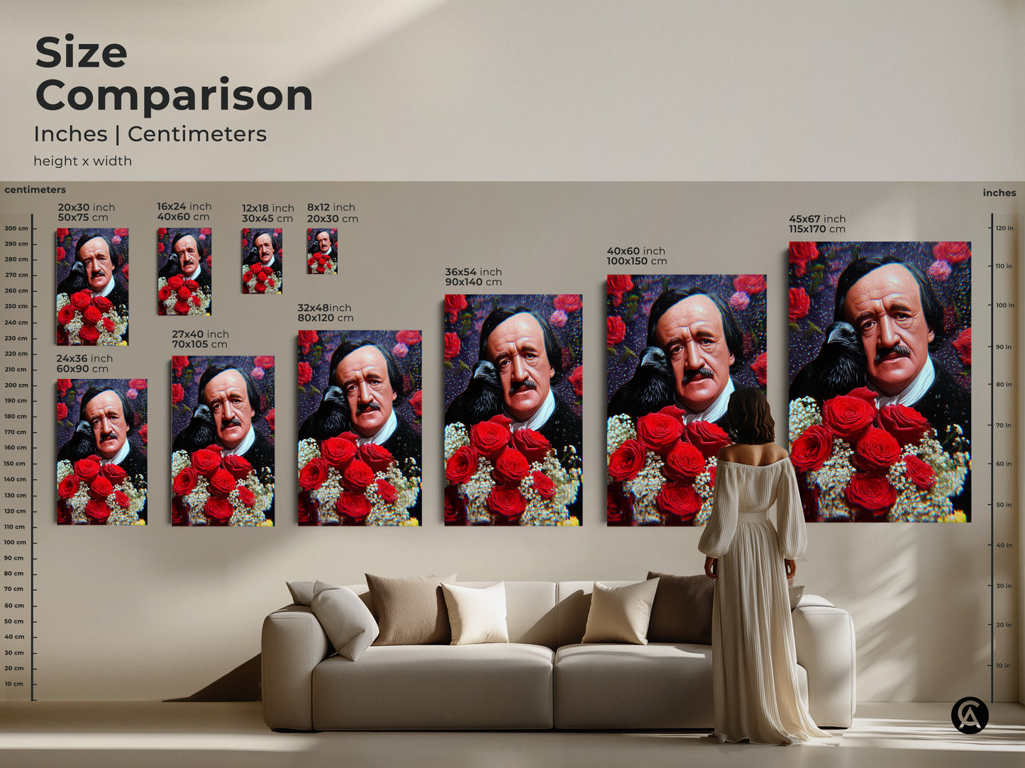Size comparison of Edgar Allan Poe Raven and Roses art prints. Displayed in various sizes and frames. A gothic literary gift idea for writers. Dark aesthetic wall art shown.