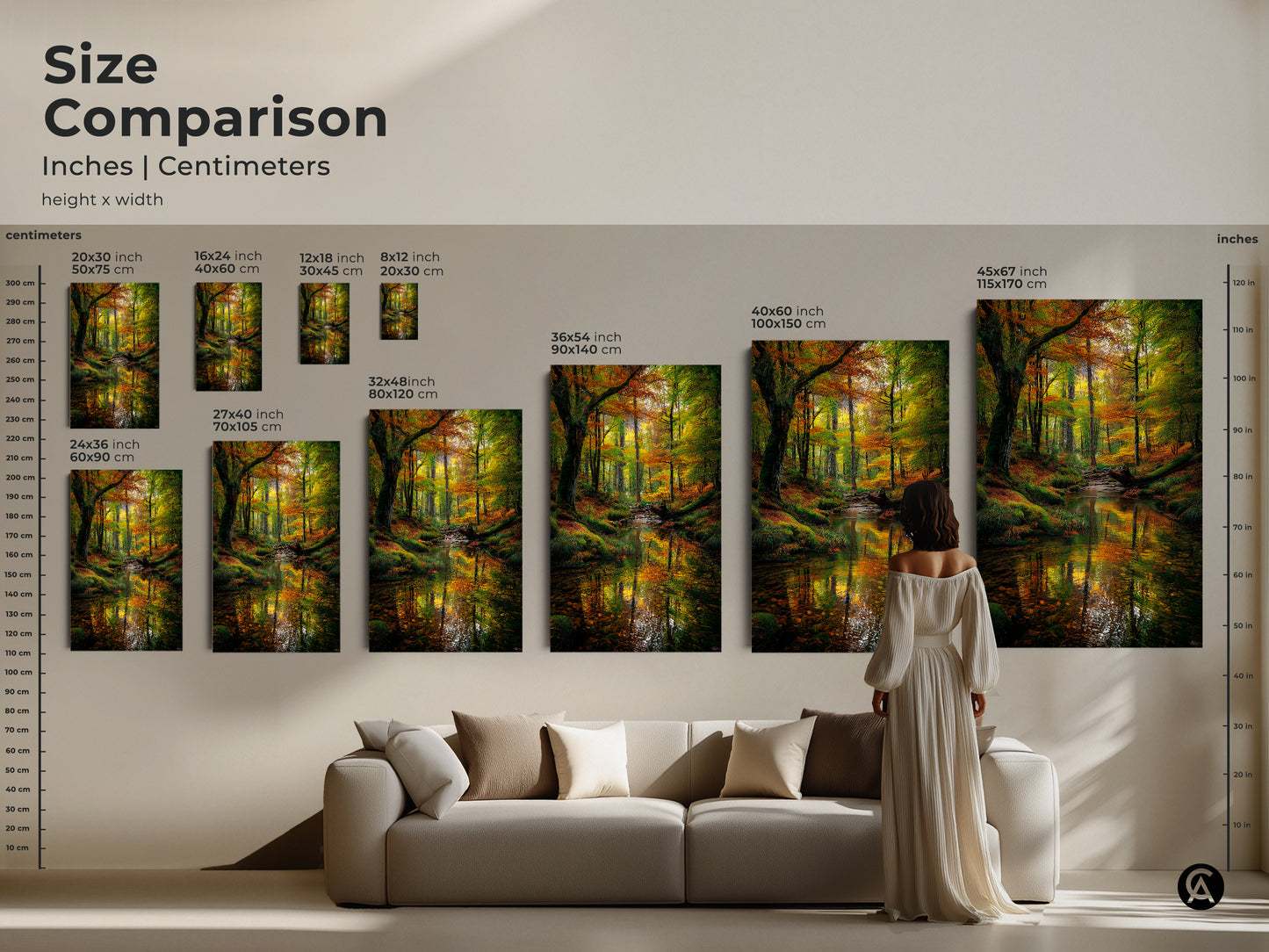 Size comparison of our forest stream artwork in inches and centimeters. Visualize how different sizes will look in your home. Choose from a variety of dimensions to suit your space. Find the perfect canvas or poster print to enhance your decor. Bring nature indoors with our stunning wall art.