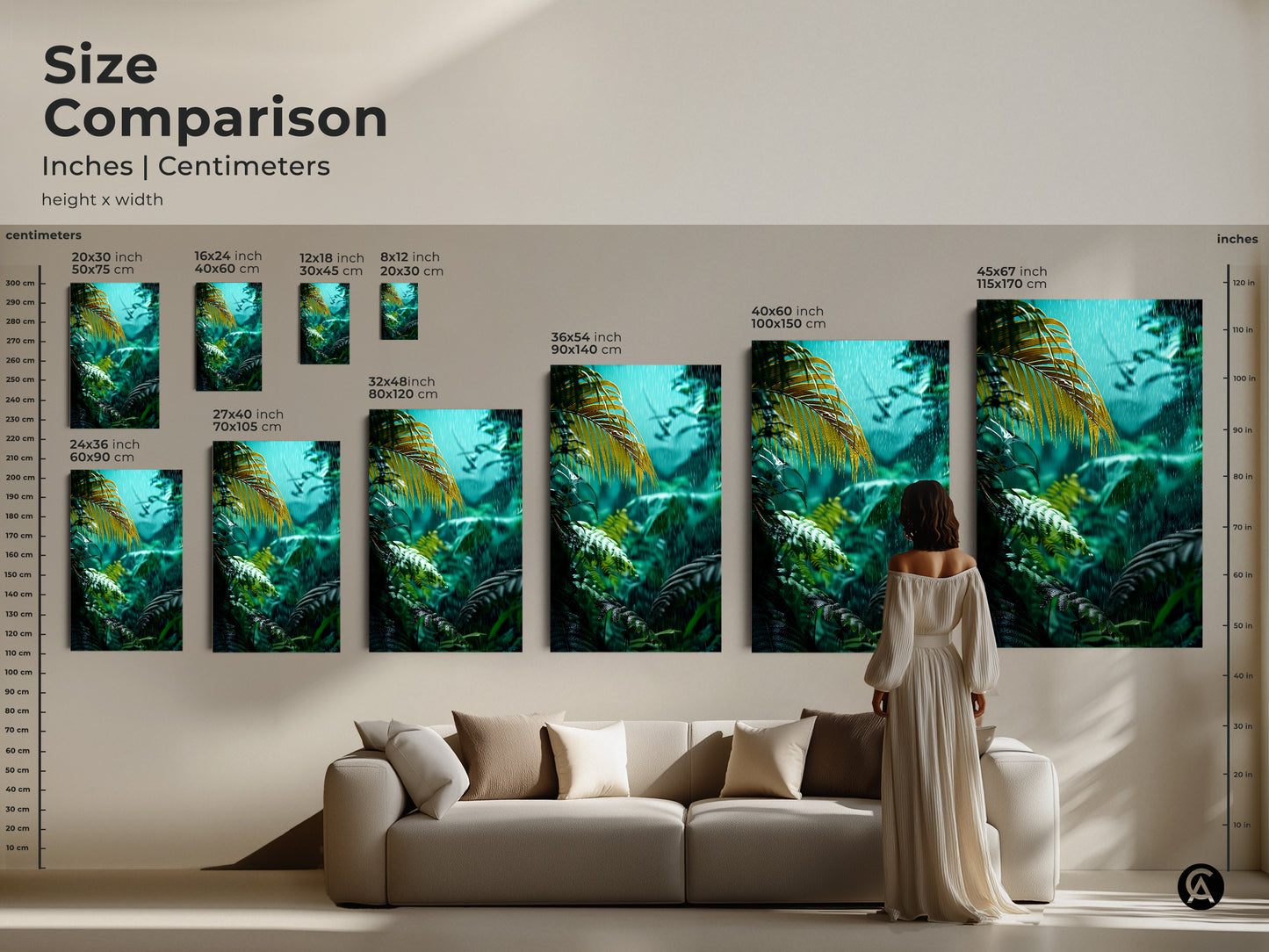 Size comparison of tropical rainforest wall art. See how the canvas print fits above a sofa. Available in multiple sizes to suit your space. This botanical art is perfect for adding a touch of nature to your living room or bedroom.
