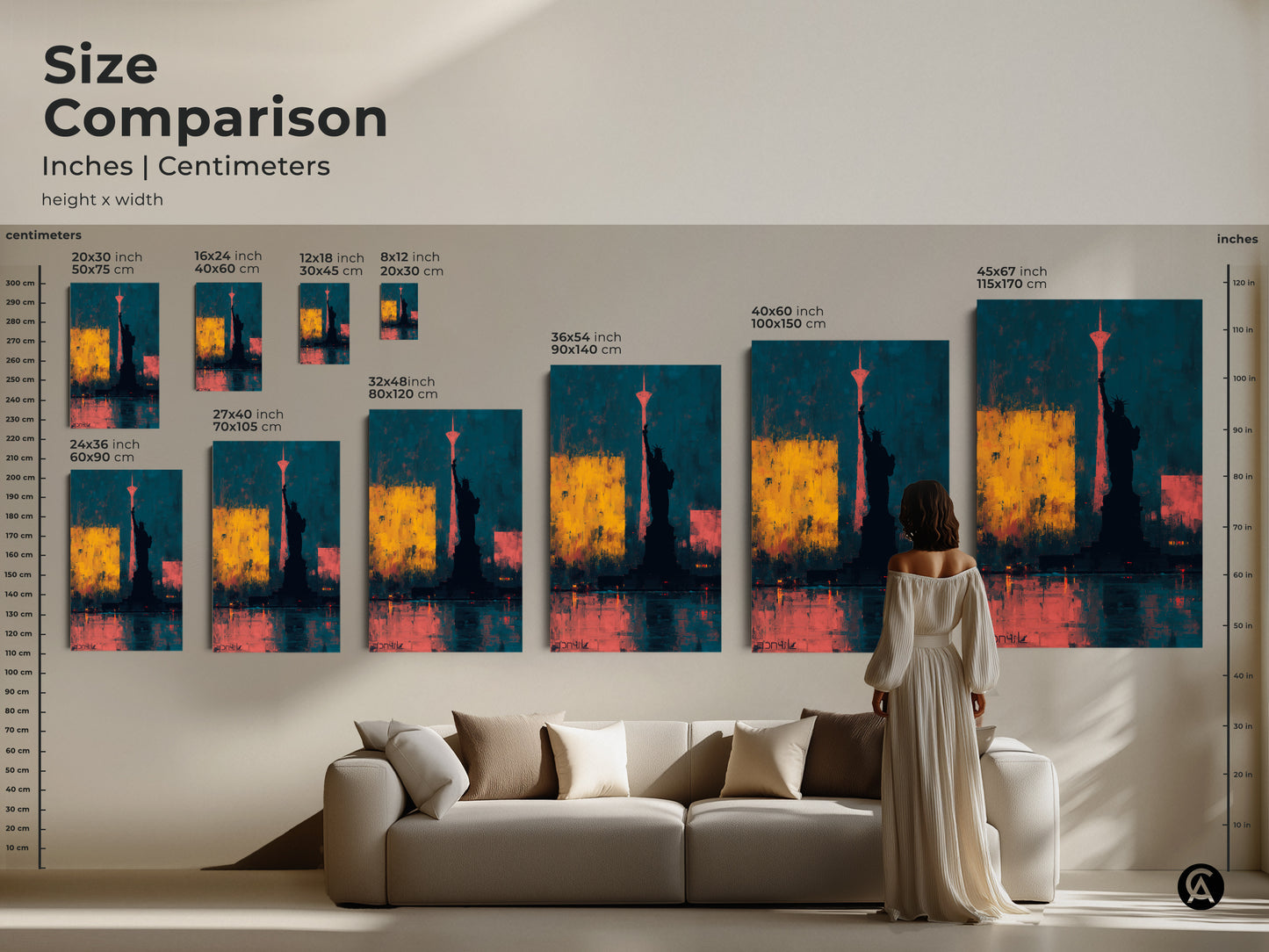 Size comparison of abstract Statue of Liberty wall art in inches and centimeters. See how the teal and yellow cityscape fits above a couch. Ranging from small to large sizes are available.