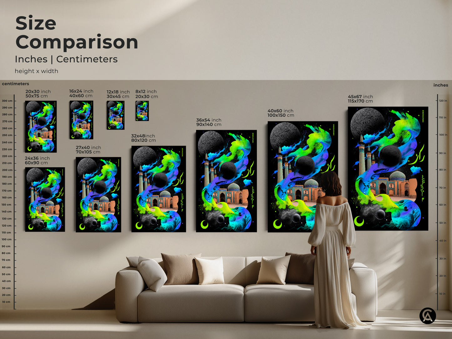 Size comparison of Eclectic Mosque Moon art in inches and centimeters. Visualize how this neon green and electric blue artwork fits above furniture. This cosmic surreal artwork enhances any room's decor.