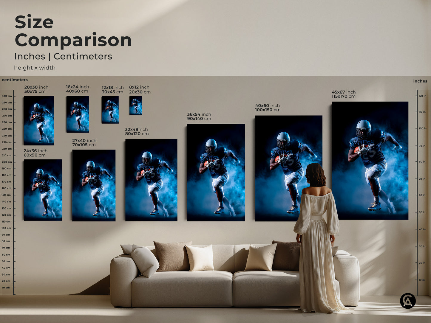 Size comparison shows the scale of football action art in inches and centimeters. See how the navy and white sports print fits above a sofa. Envision this dynamic sports decor in your office or man cave. Find the perfect athlete motivational art today.