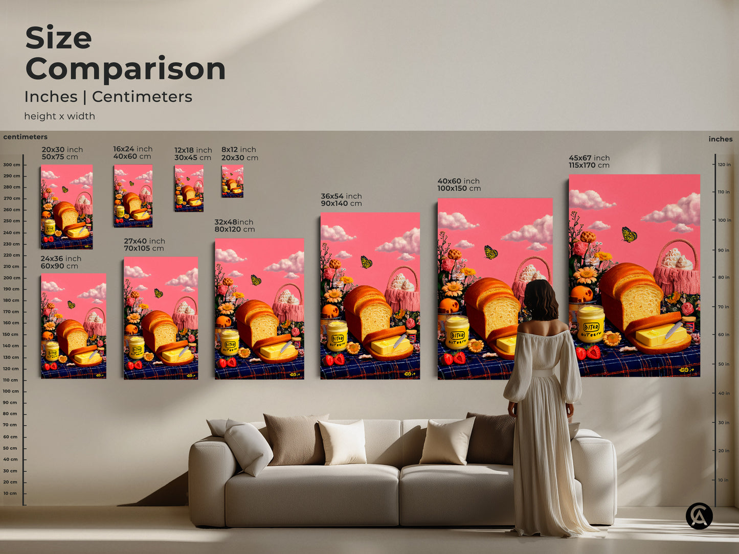 Size comparison showcases bread and butter art in a living room setting. Various sizes offer versatile decor. Transform your space with whimsical kitchen artwork that features a surreal pink sky.