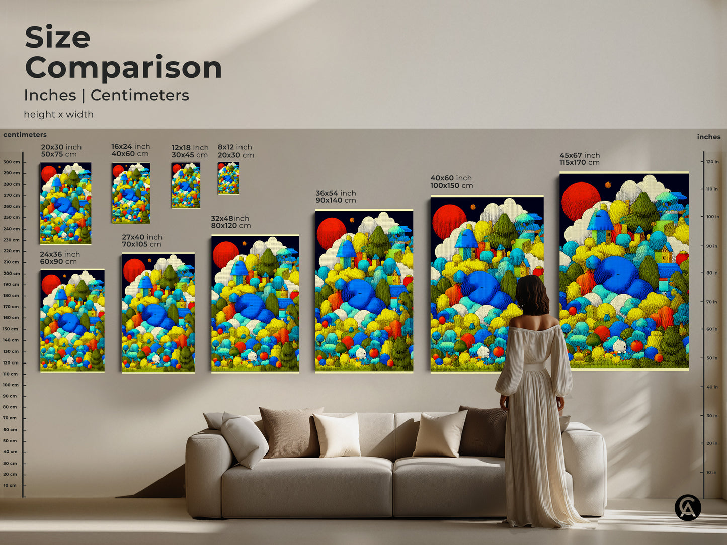 A framed version of whimsical houses art print hanging on a wall. Blue green yellow abstract landscape features nature-inspired artwork. This piece of eclectic decor adds a unique touch to any room. It is a perfect gift.
