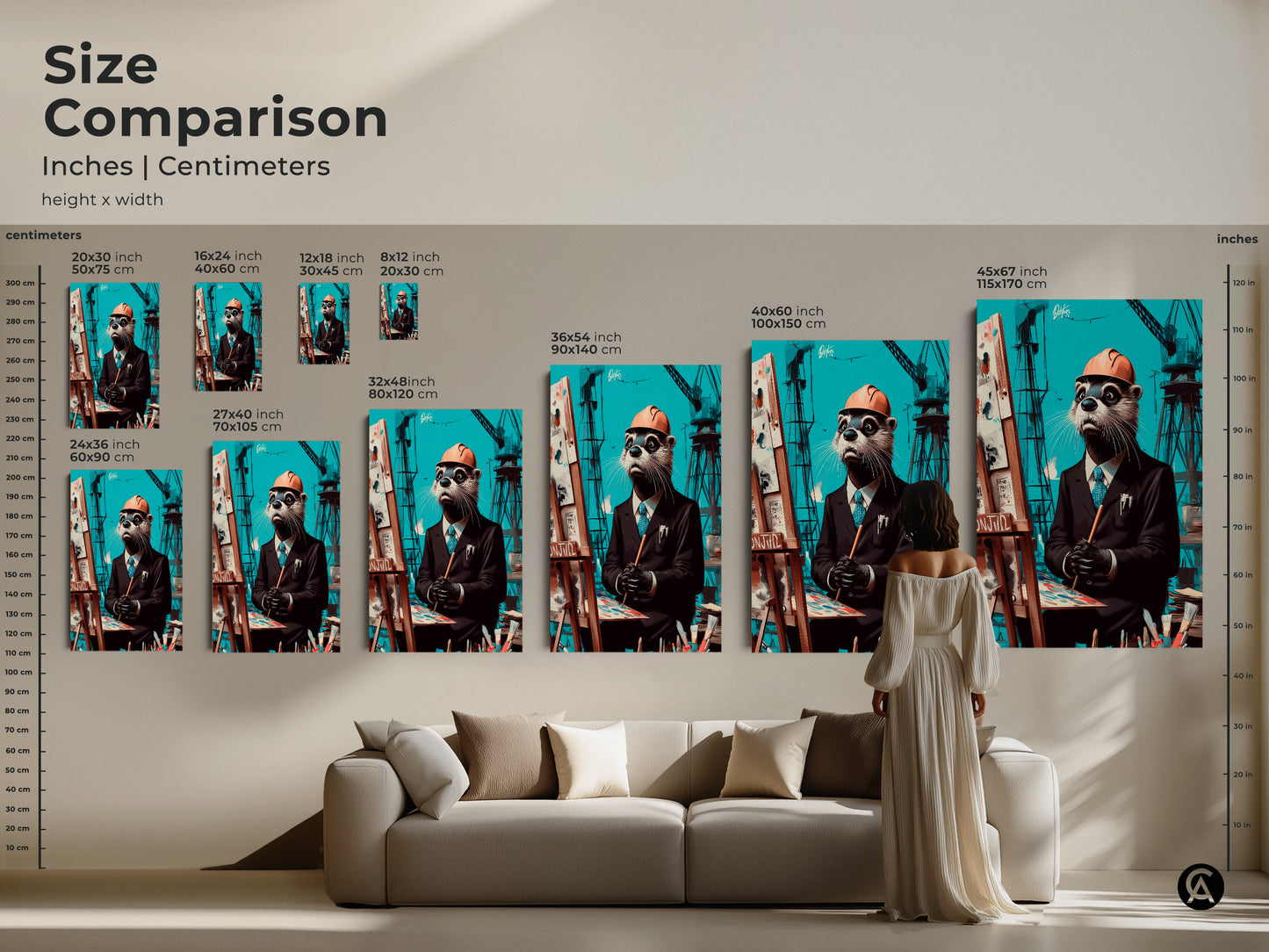 Size comparison of the surreal otter canvas art. It’s an eclectic animal art. See the teal brown animal wall art dimensions in inches and centimeters. The modern office wall art is perfect quirky home decor.