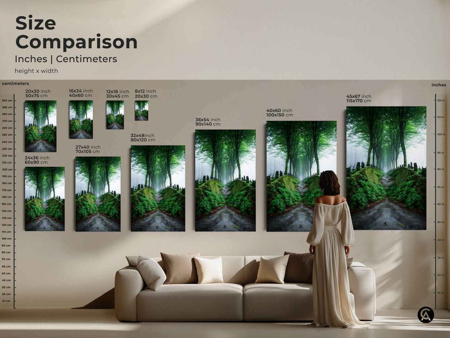 Size comparison of misty forest path artwork in inches and centimeters. Visualize how each canvas and poster print size fits your space. This emerald green tree-lined road artwork adds Scandinavian woodland charm to your living room bedroom or home office.