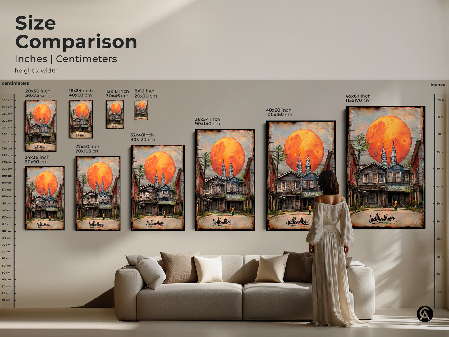 A size comparison shows the surreal cityscape artwork featuring Twin Towers under an orange moon. See how the canvas art fits above a sofa. It's the perfect scale for various spaces creating an eclectic decor vibe.
