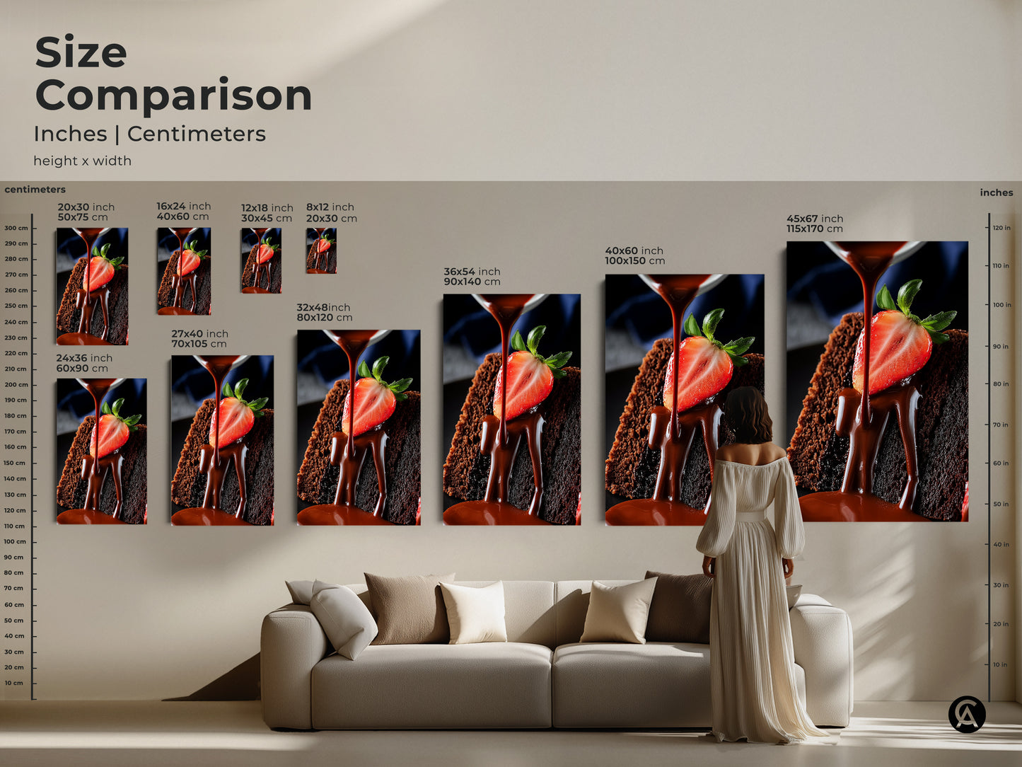 Size comparison of chocolate cake prints. Inches and centimeters are shown. A woman views the art in a living room. The strawberry chocolate drip print adds sweetness to any home.